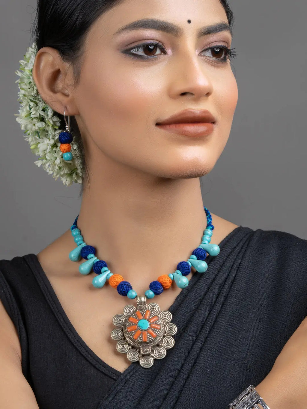 Turquoise Blue Orange Original Tibetan Floral Pendant Necklace Set with Earrings - Lookandadorn.com