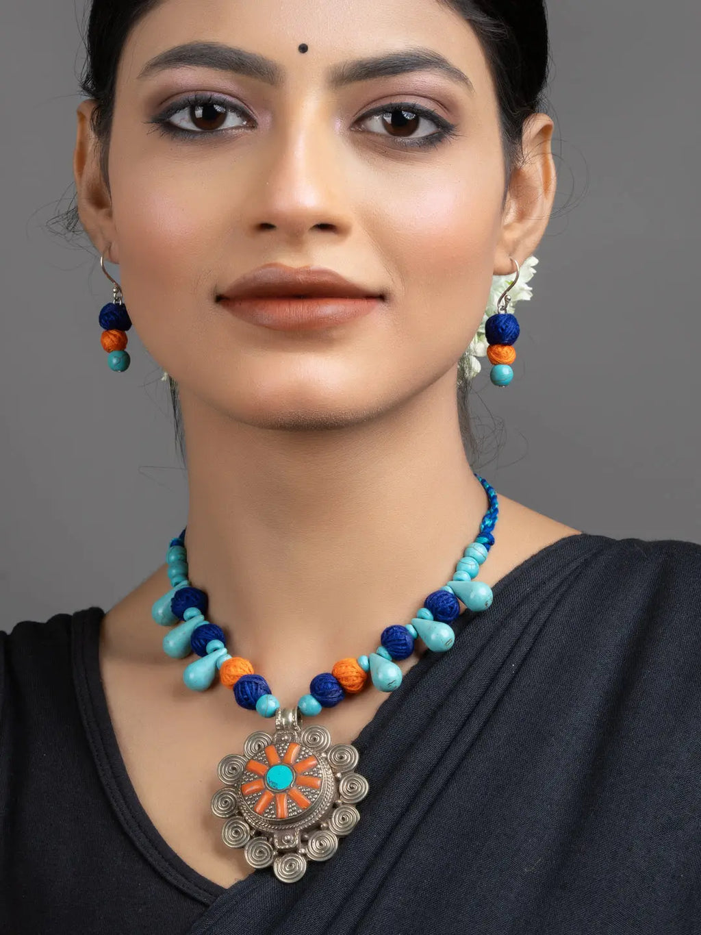 Turquoise Blue Orange Original Tibetan Floral Pendant Necklace Set with Earrings - Lookandadorn.com