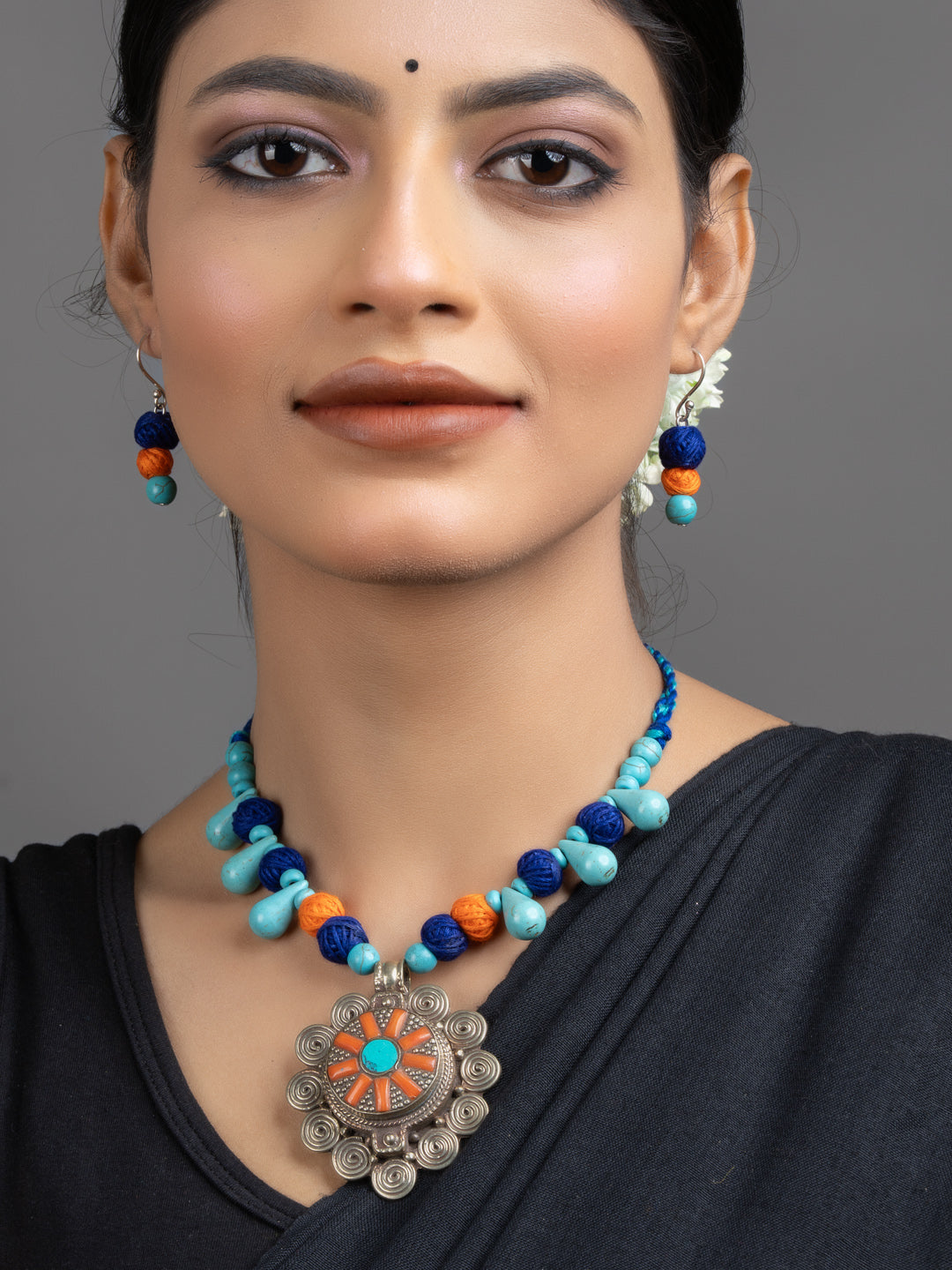 Turquoise Blue Orange Original Tibetan Floral Pendant Necklace Set with Earrings - Lookandadorn.com