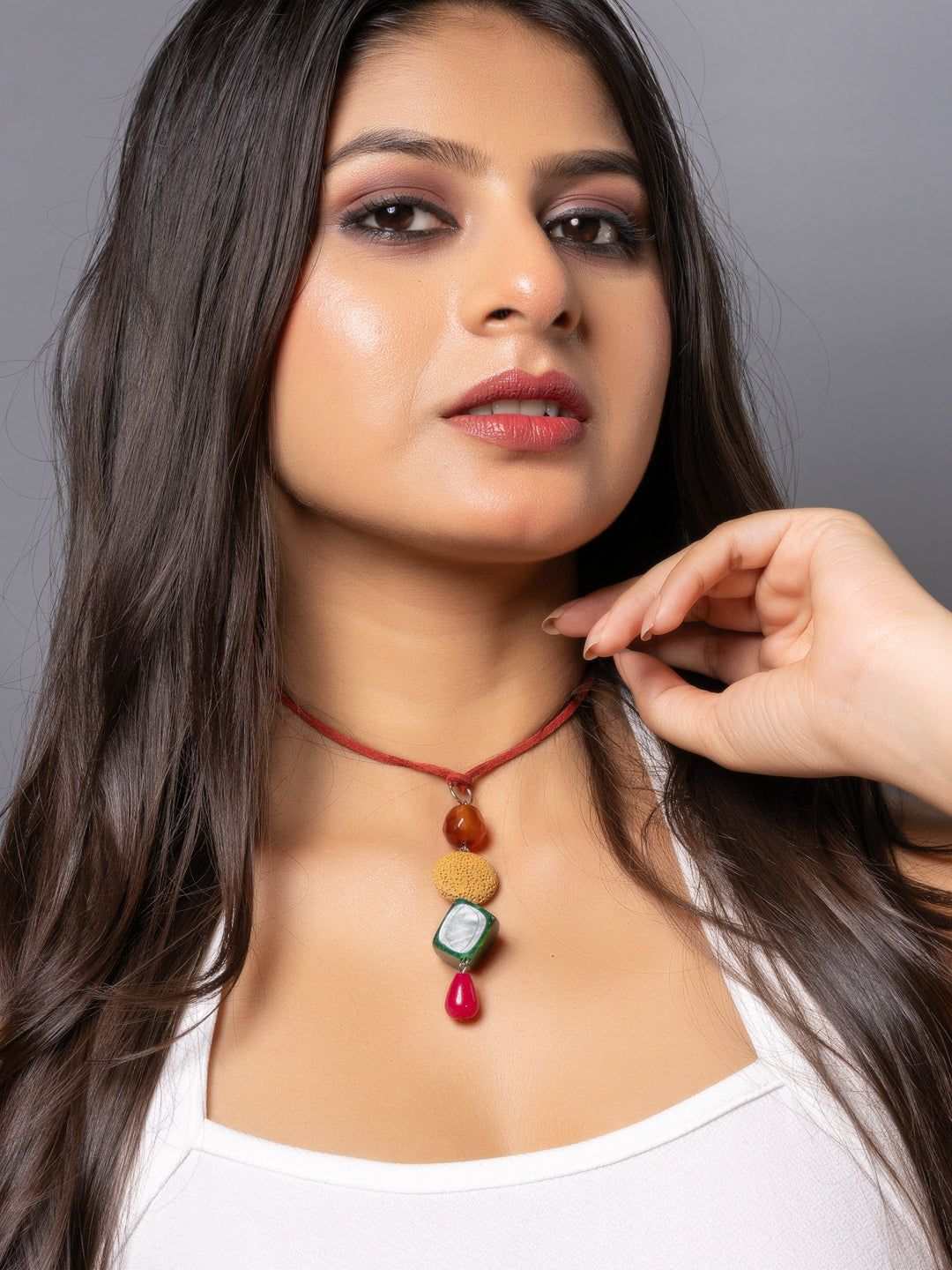 Semi Precious Brown Pink Green Onyx Yellow Lava Sleek Necklace with adjustable Suede Cord LOOK AND ADORN - designed for you