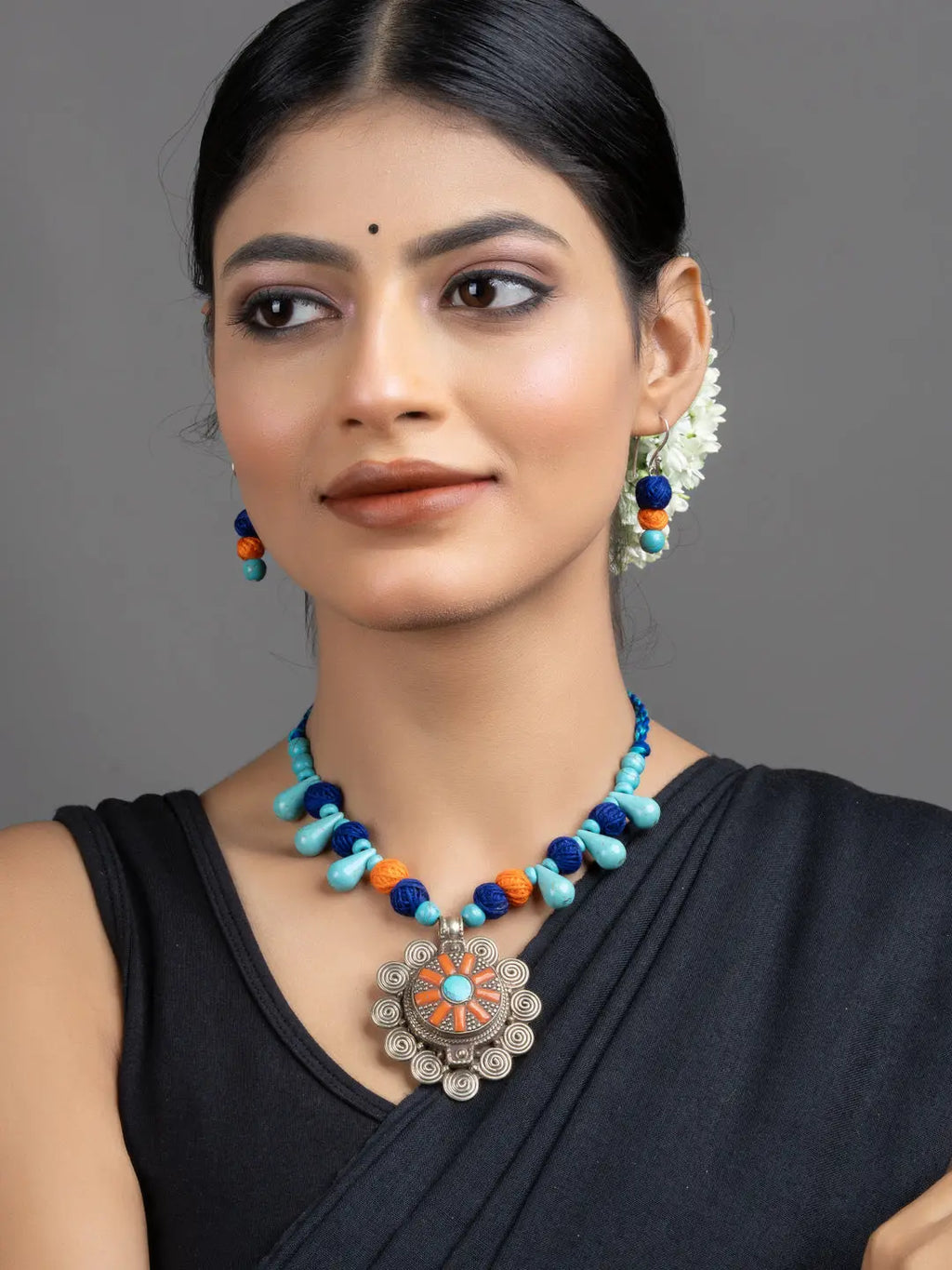 Turquoise Blue Orange Original Tibetan Floral Pendant Necklace Set with Earrings - Lookandadorn.com