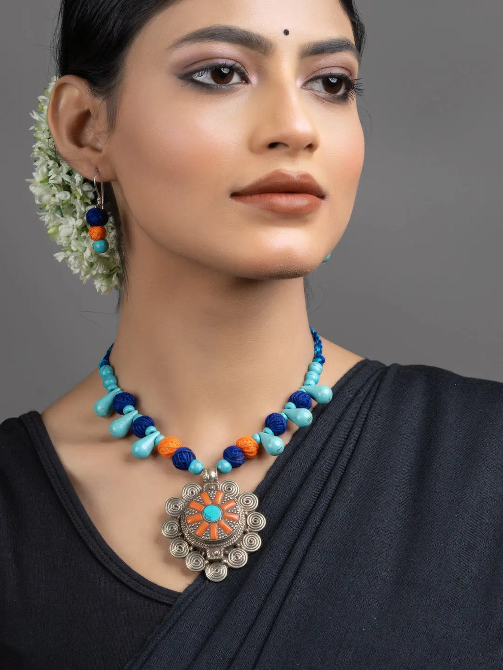 Turquoise Blue Orange Original Tibetan Floral Pendant Necklace Set with Earrings - Lookandadorn.com