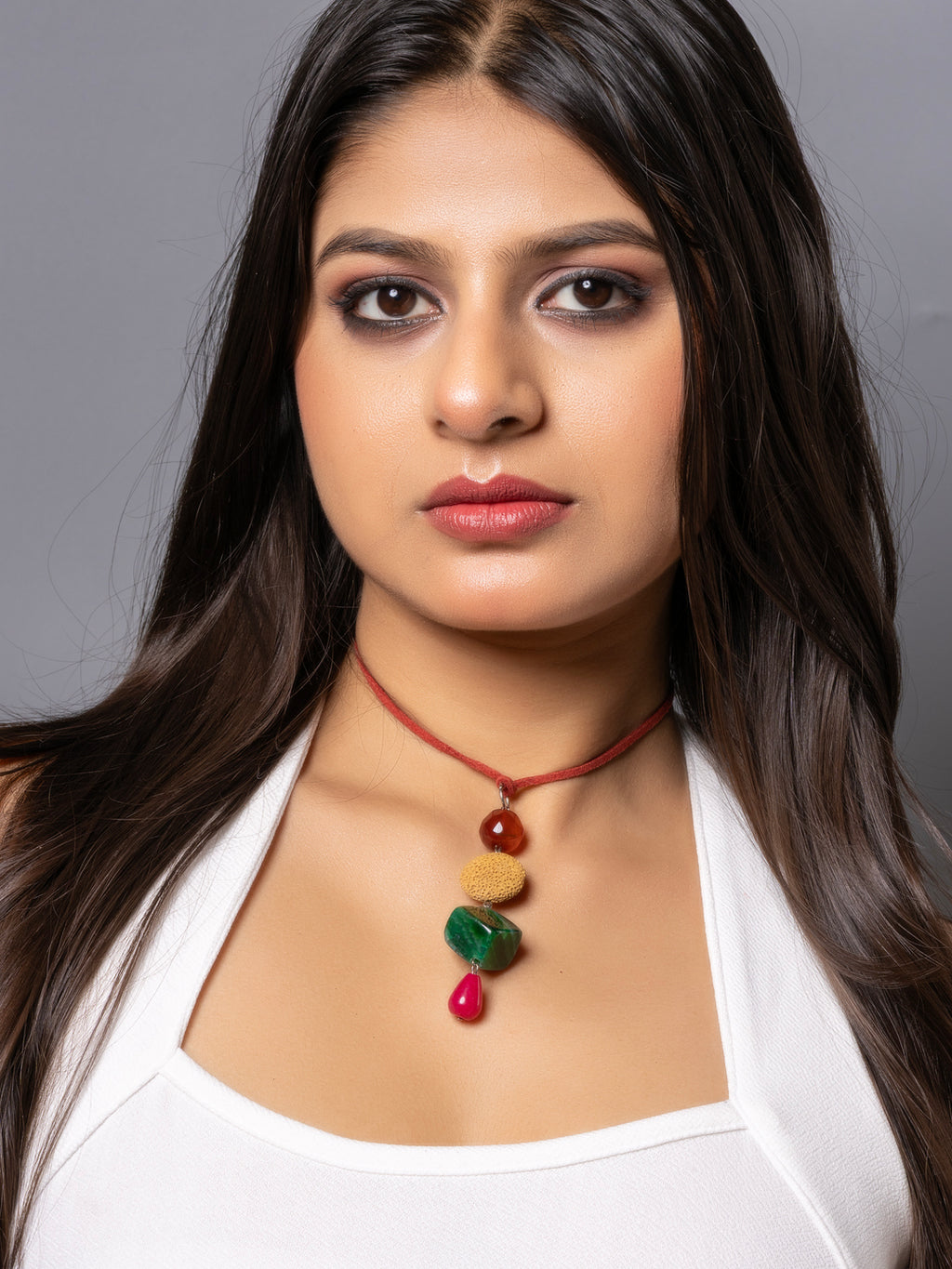Semi Precious Brown Pink Green Onyx Yellow Lava Sleek Necklace with adjustable Suede Cord LOOK AND ADORN - designed for you