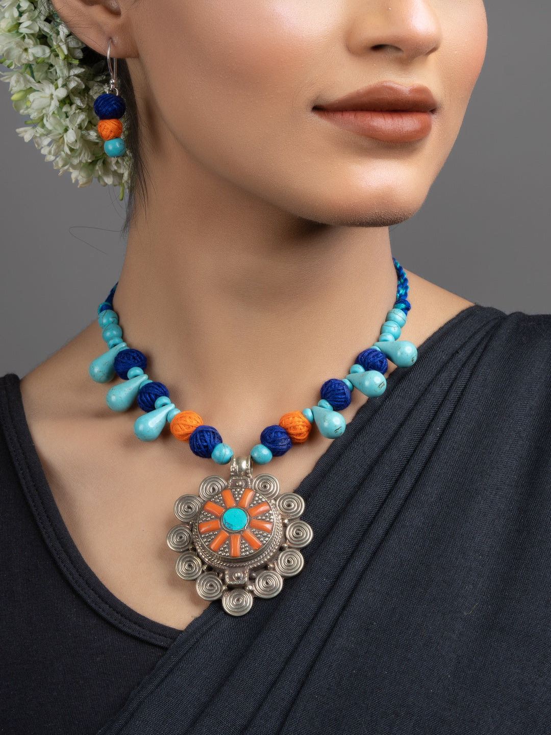 Turquoise Blue Orange Original Tibetan Floral Pendant Necklace Set with Earrings - Lookandadorn.com