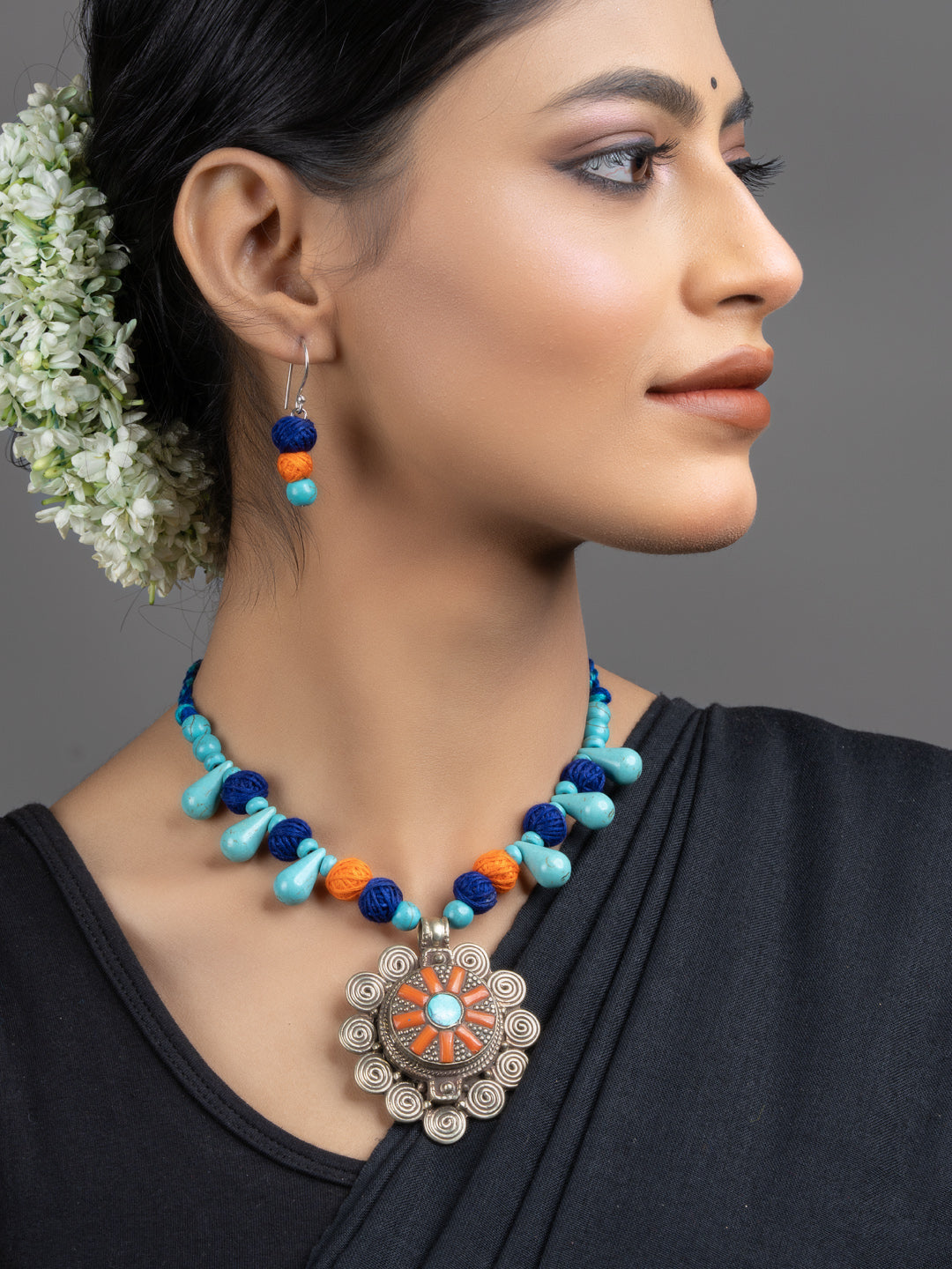 Turquoise Blue Orange Original Tibetan Floral Pendant Necklace Set with Earrings - Lookandadorn.com