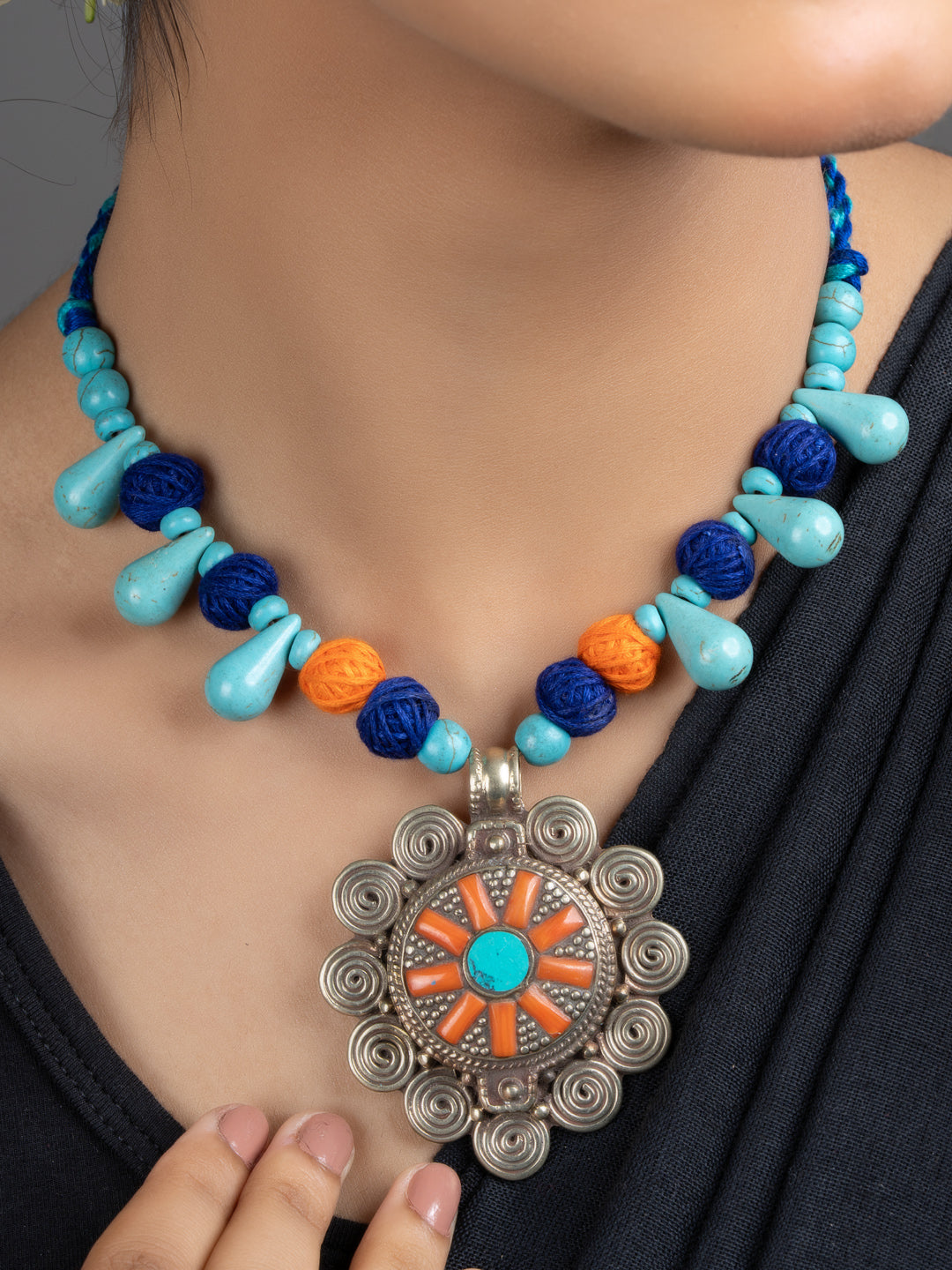 Turquoise Blue Orange Original Tibetan Floral Pendant Necklace Set with Earrings - Lookandadorn.com