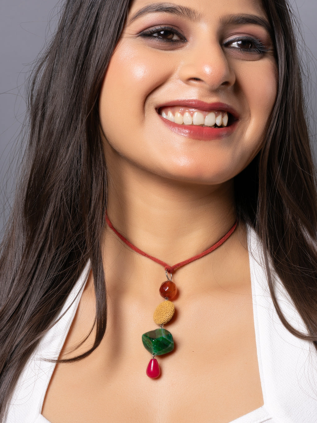 Semi Precious Brown Pink Green Onyx Yellow Lava Sleek Necklace with adjustable Suede Cord LOOK AND ADORN - designed for you