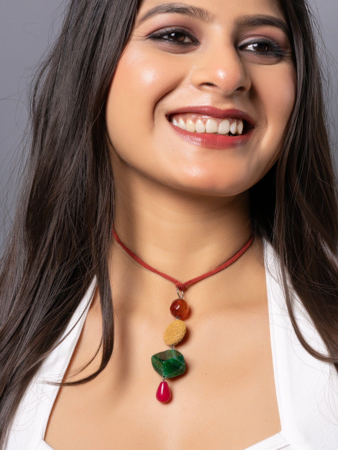 Semi Precious Brown Pink Green Onyx Yellow Lava Sleek Necklace with adjustable Suede Cord LOOK AND ADORN - designed for you