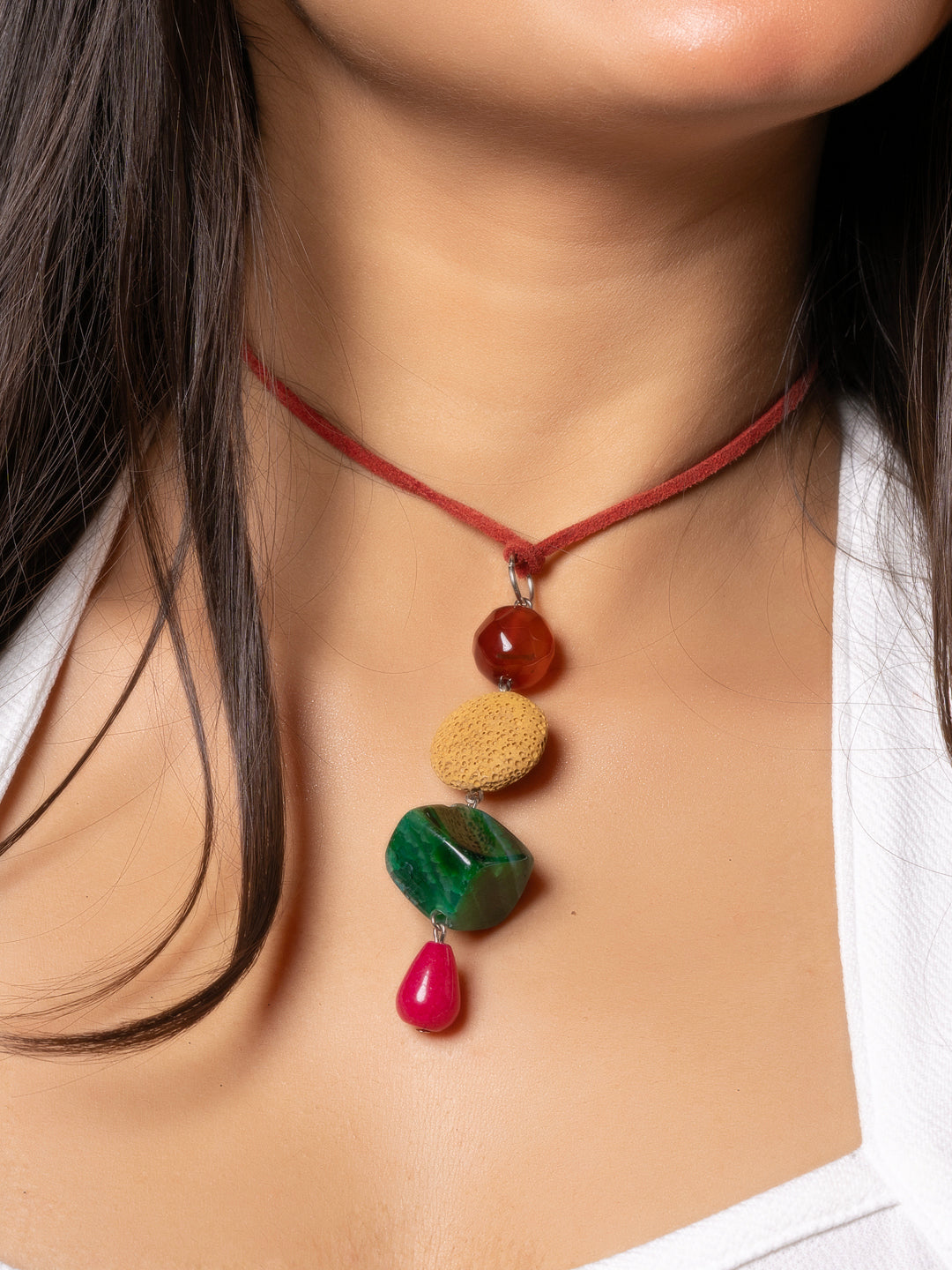 Semi Precious Brown Pink Green Onyx Yellow Lava Sleek Necklace with adjustable Suede Cord LOOK AND ADORN - designed for you