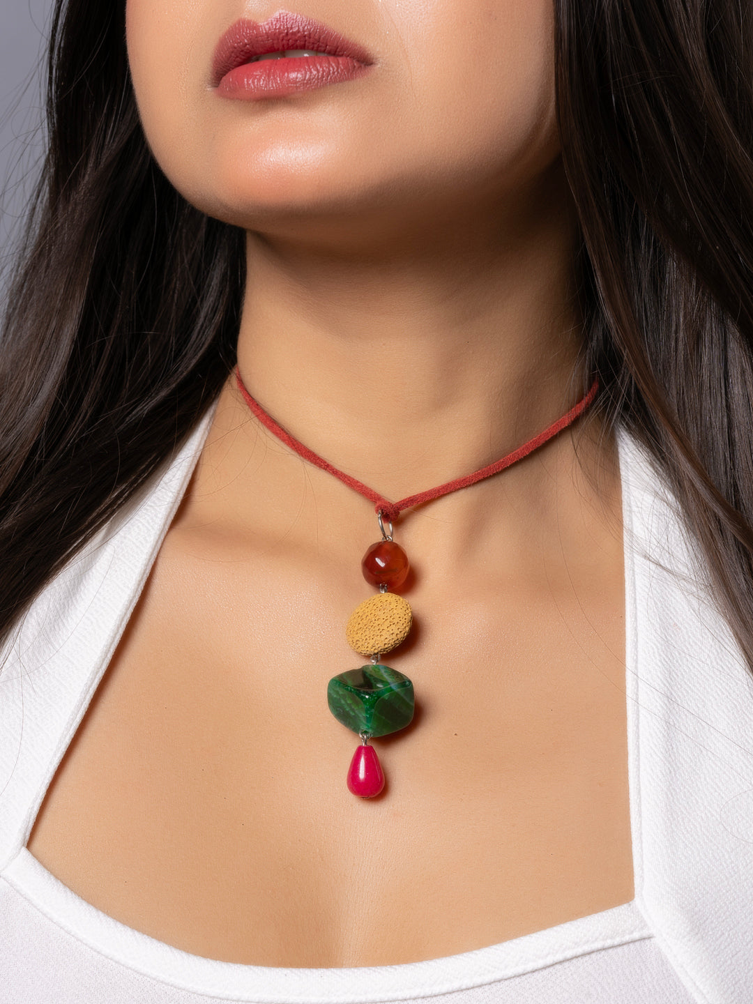Semi Precious Brown Pink Green Onyx Yellow Lava Sleek Necklace with adjustable Suede Cord LOOK AND ADORN - designed for you