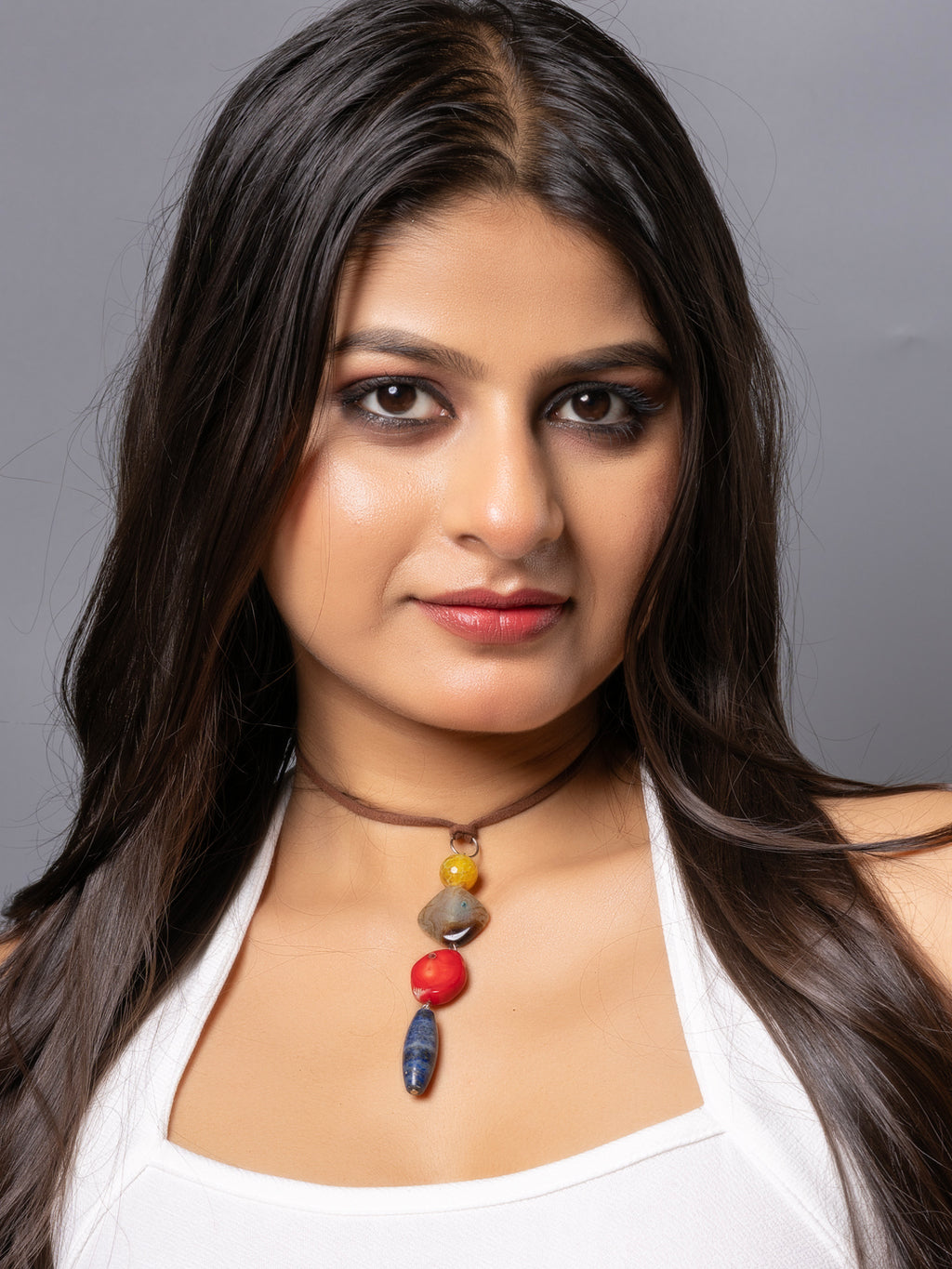 Semi Precious Brown Yellow Onyx Red Coral Blue Lapis Lazuli Sleek Necklace with adjustable Suede Cord LOOK AND ADORN - designed for you