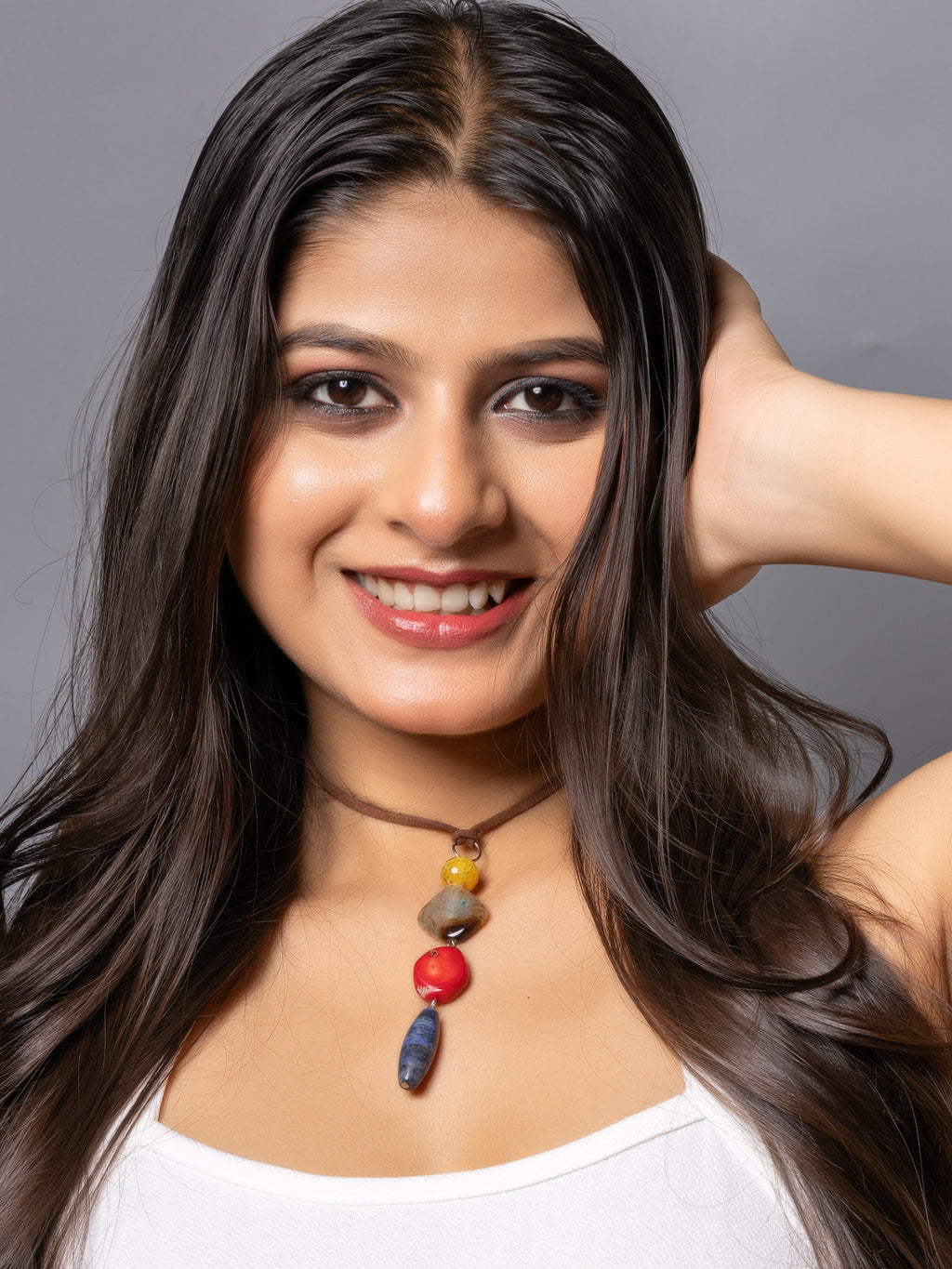 Semi Precious Brown Yellow Onyx Red Coral Blue Lapis Lazuli Sleek Necklace with adjustable Suede Cord LOOK AND ADORN - designed for you