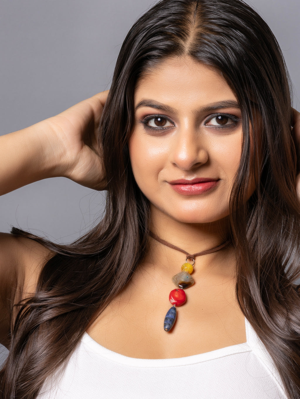 Semi Precious Brown Yellow Onyx Red Coral Blue Lapis Lazuli Sleek Necklace with adjustable Suede Cord LOOK AND ADORN - designed for you
