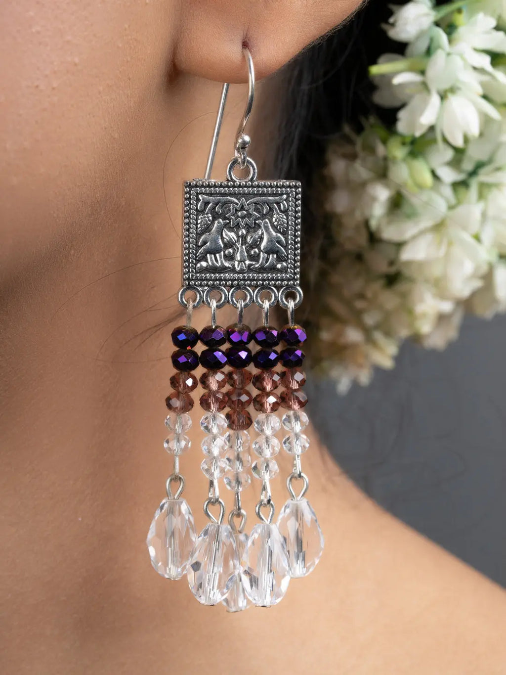 White Purple Crystal Dangler Earrings - Lookandadorn.com