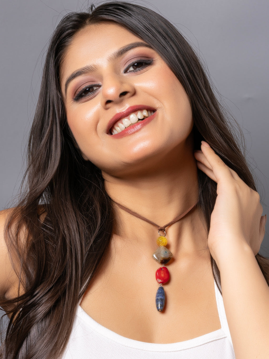 Semi Precious Brown Yellow Onyx Red Coral Blue Lapis Lazuli Sleek Necklace with adjustable Suede Cord LOOK AND ADORN - designed for you