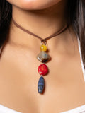 Semi Precious Brown Yellow Onyx Red Coral Blue Lapis Lazuli Sleek Necklace with adjustable Suede Cord LOOK AND ADORN - designed for you