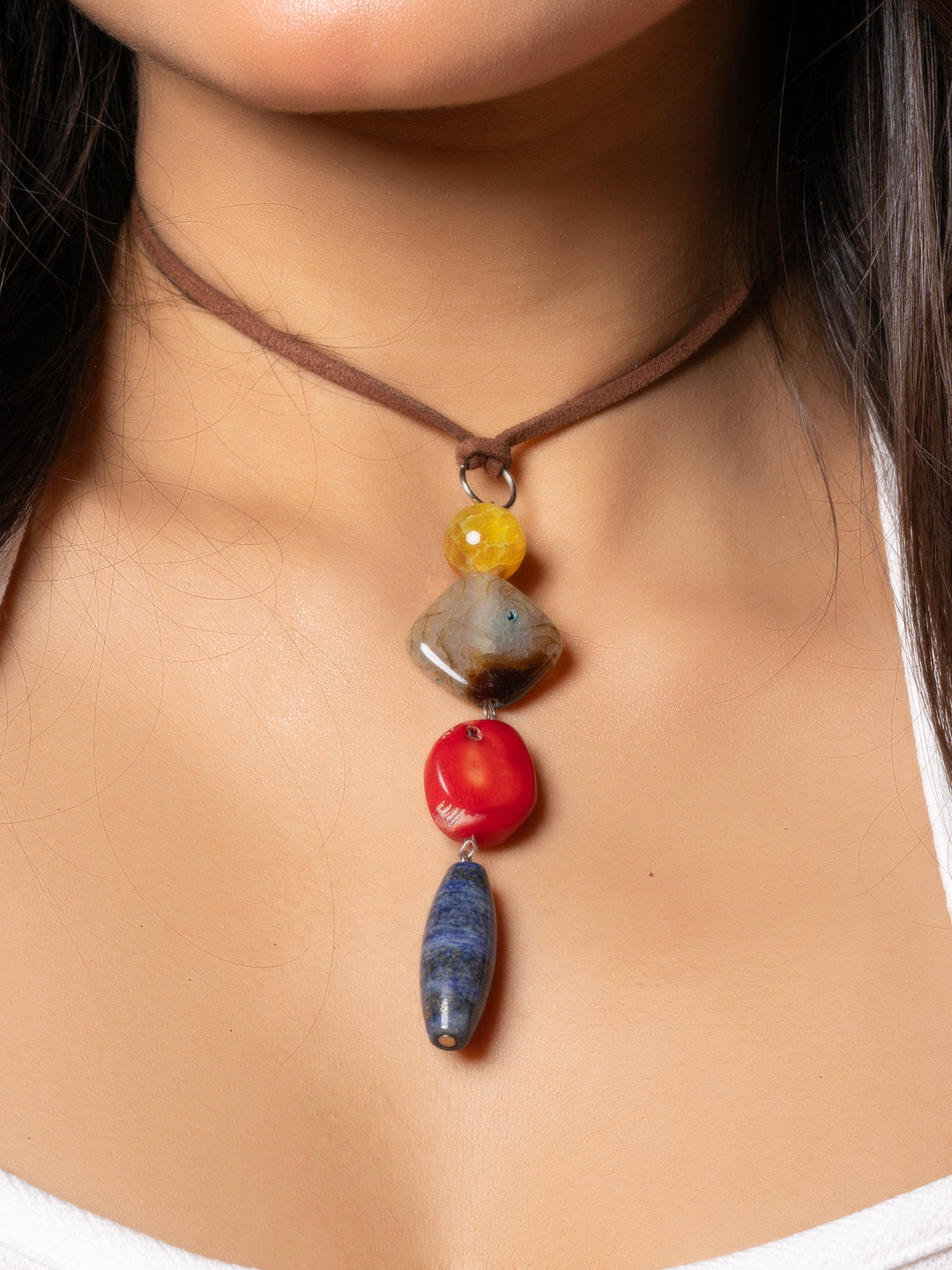 Semi Precious Brown Yellow Onyx Red Coral Blue Lapis Lazuli Sleek Necklace with adjustable Suede Cord LOOK AND ADORN - designed for you