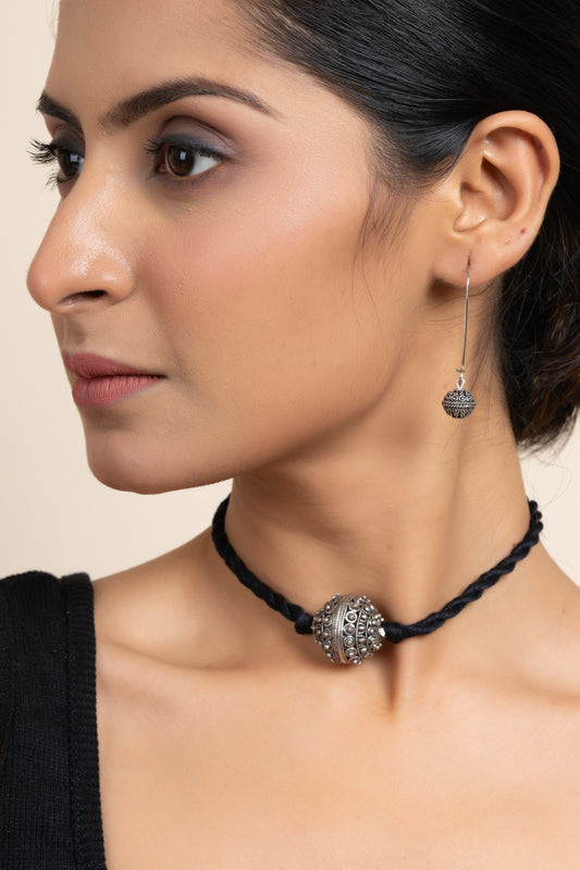 German Silver Focal Bead Choker Neckpiece with Black dori and matching Earring