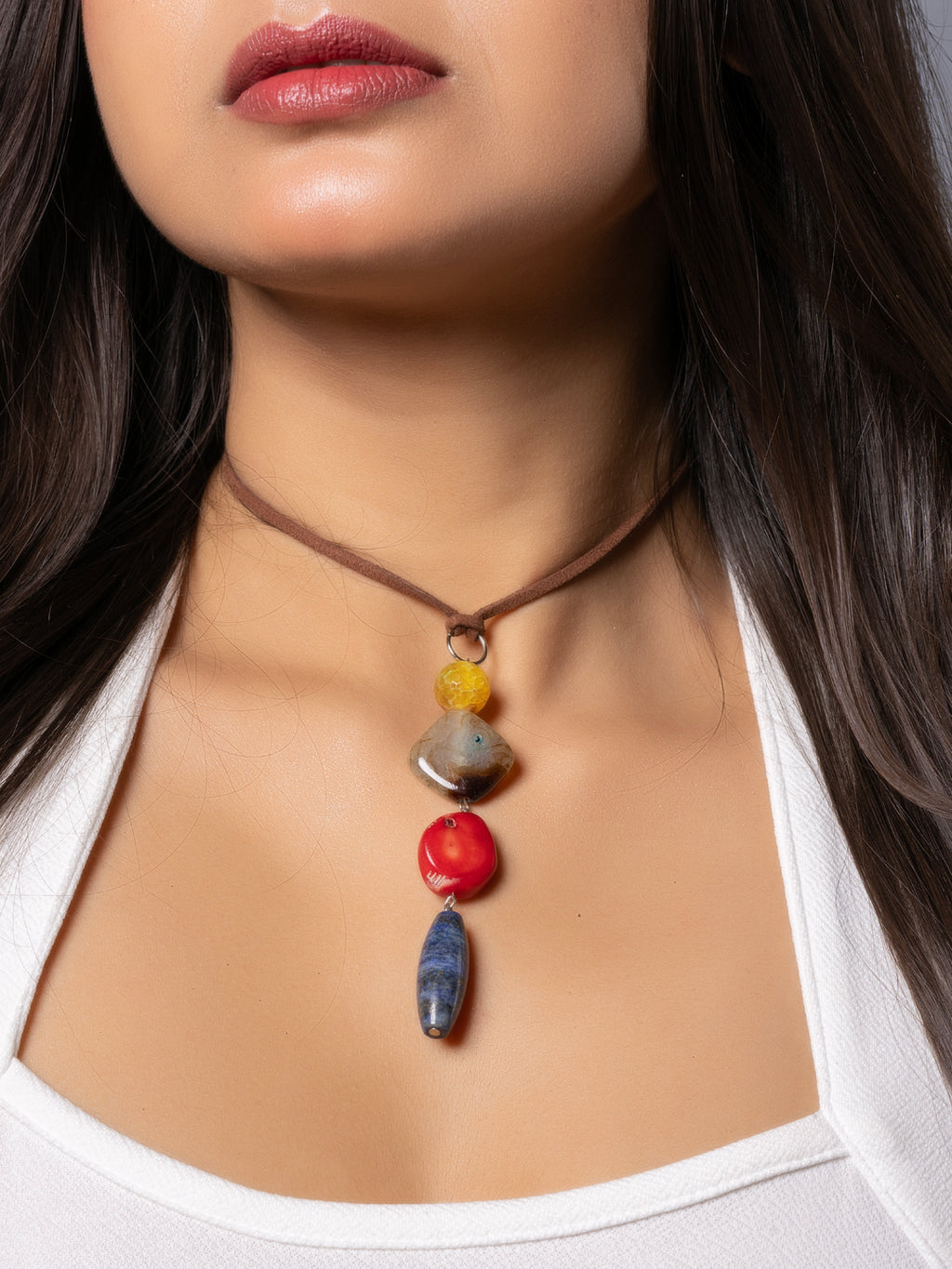 Semi Precious Brown Yellow Onyx Red Coral Blue Lapis Lazuli Sleek Necklace with adjustable Suede Cord LOOK AND ADORN - designed for you