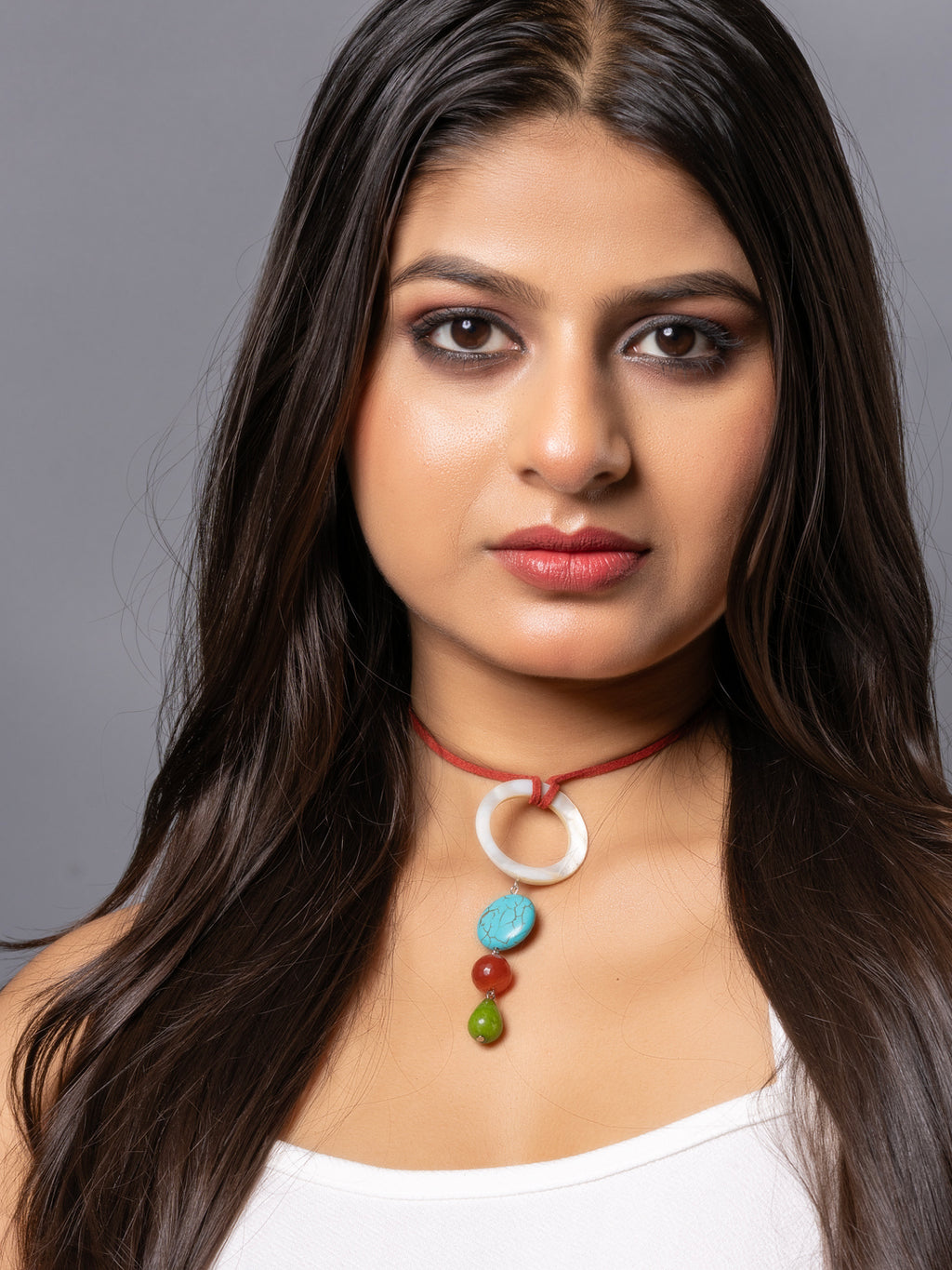 Semi Precious Brown Green Onyx Turquoise MOP Sleek Necklace with adjustable Suede Cord LOOK AND ADORN - designed for you