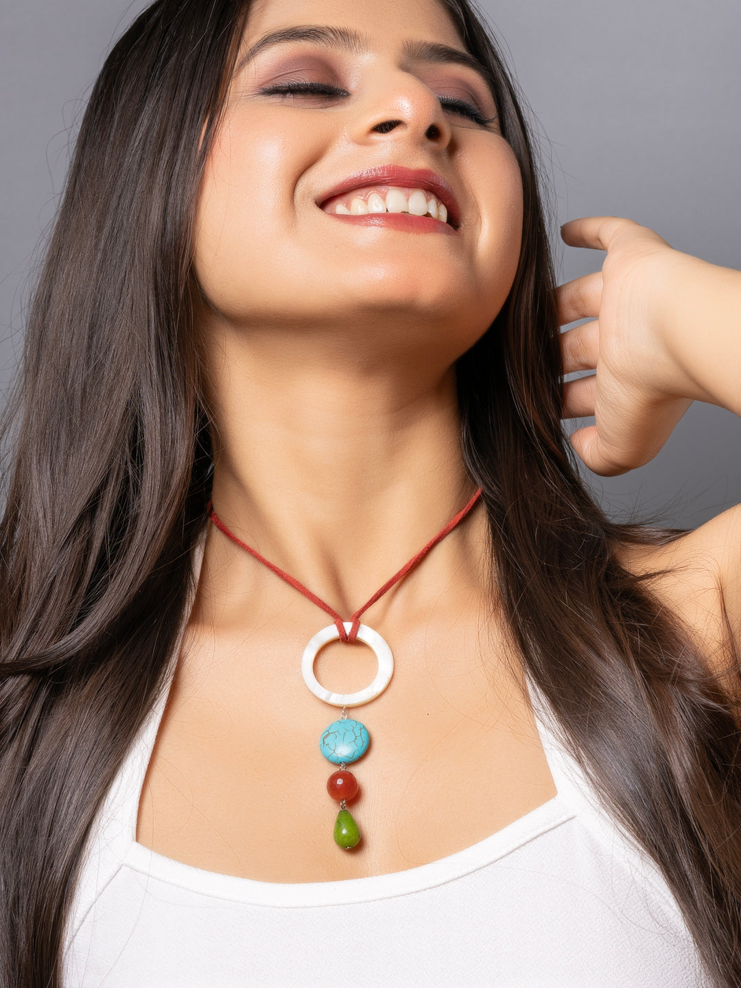 Semi Precious Brown Green Onyx Turquoise MOP Sleek Necklace with adjustable Suede Cord LOOK AND ADORN - designed for you