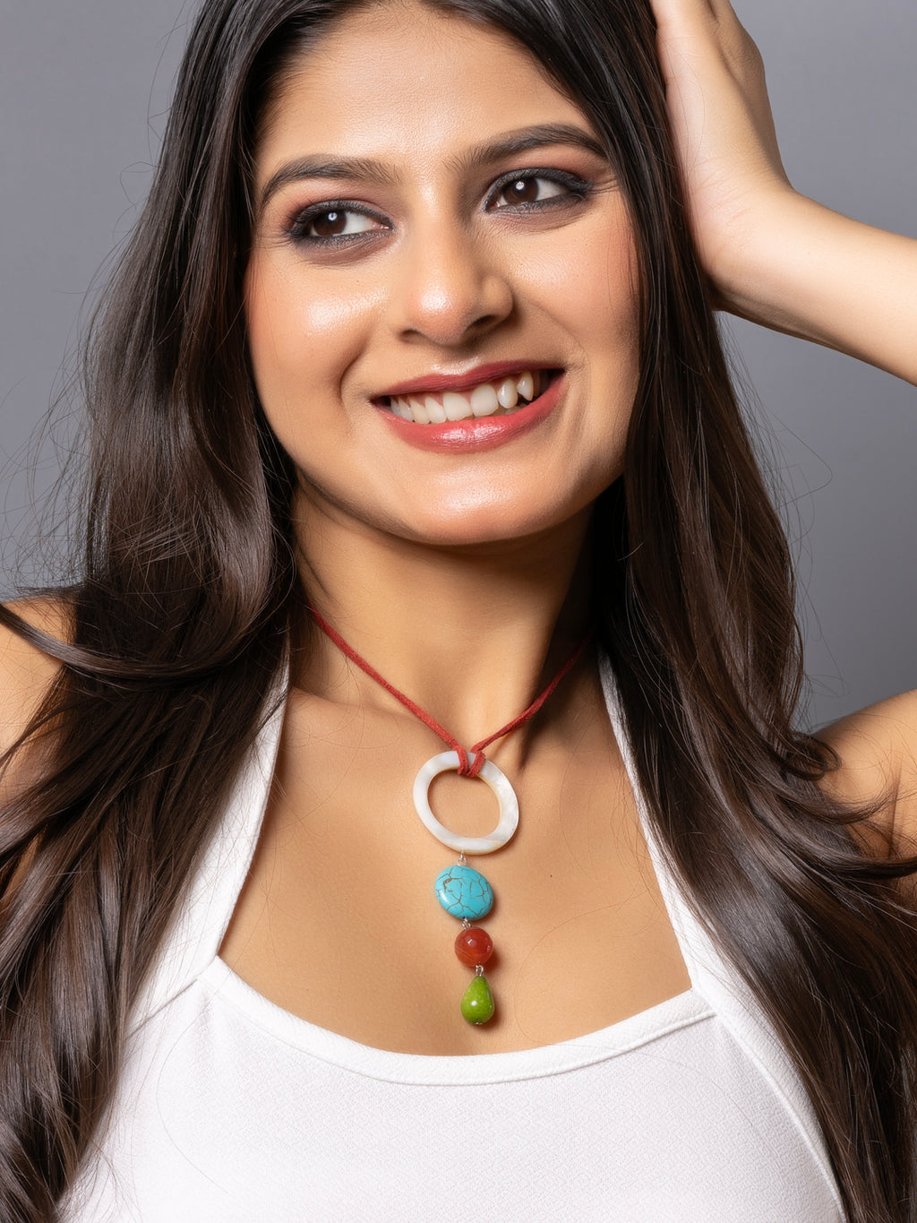 Semi Precious Brown Green Onyx Turquoise MOP Sleek Necklace with adjustable Suede Cord LOOK AND ADORN - designed for you