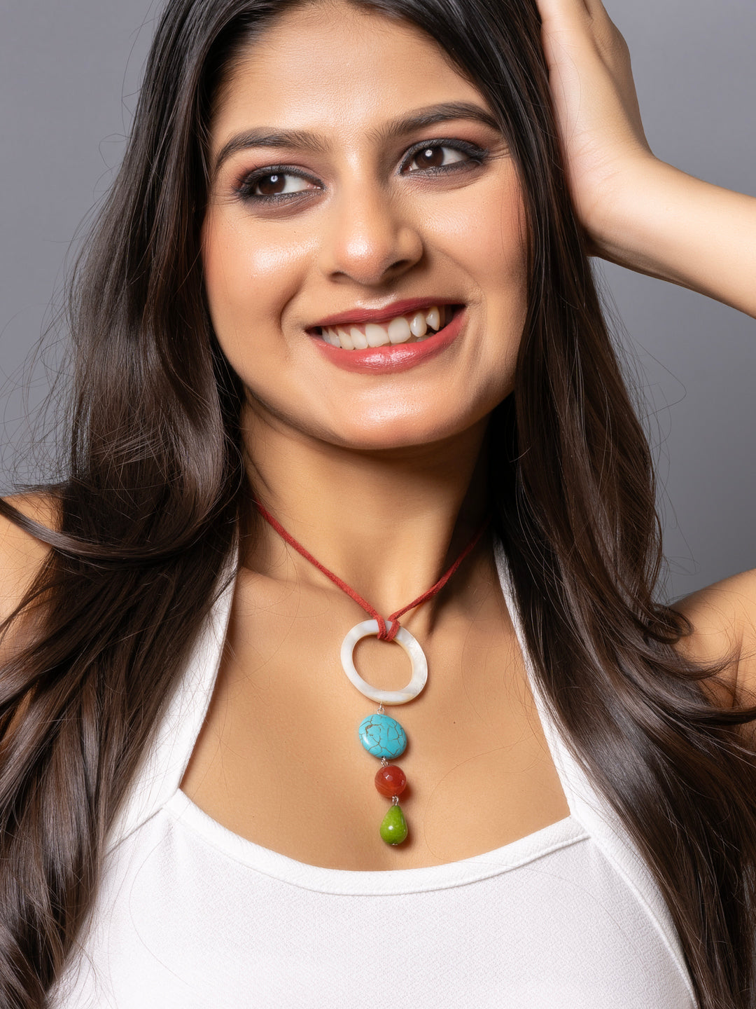 Semi Precious Brown Green Onyx Turquoise MOP Sleek Necklace with adjustable Suede Cord LOOK AND ADORN - designed for you