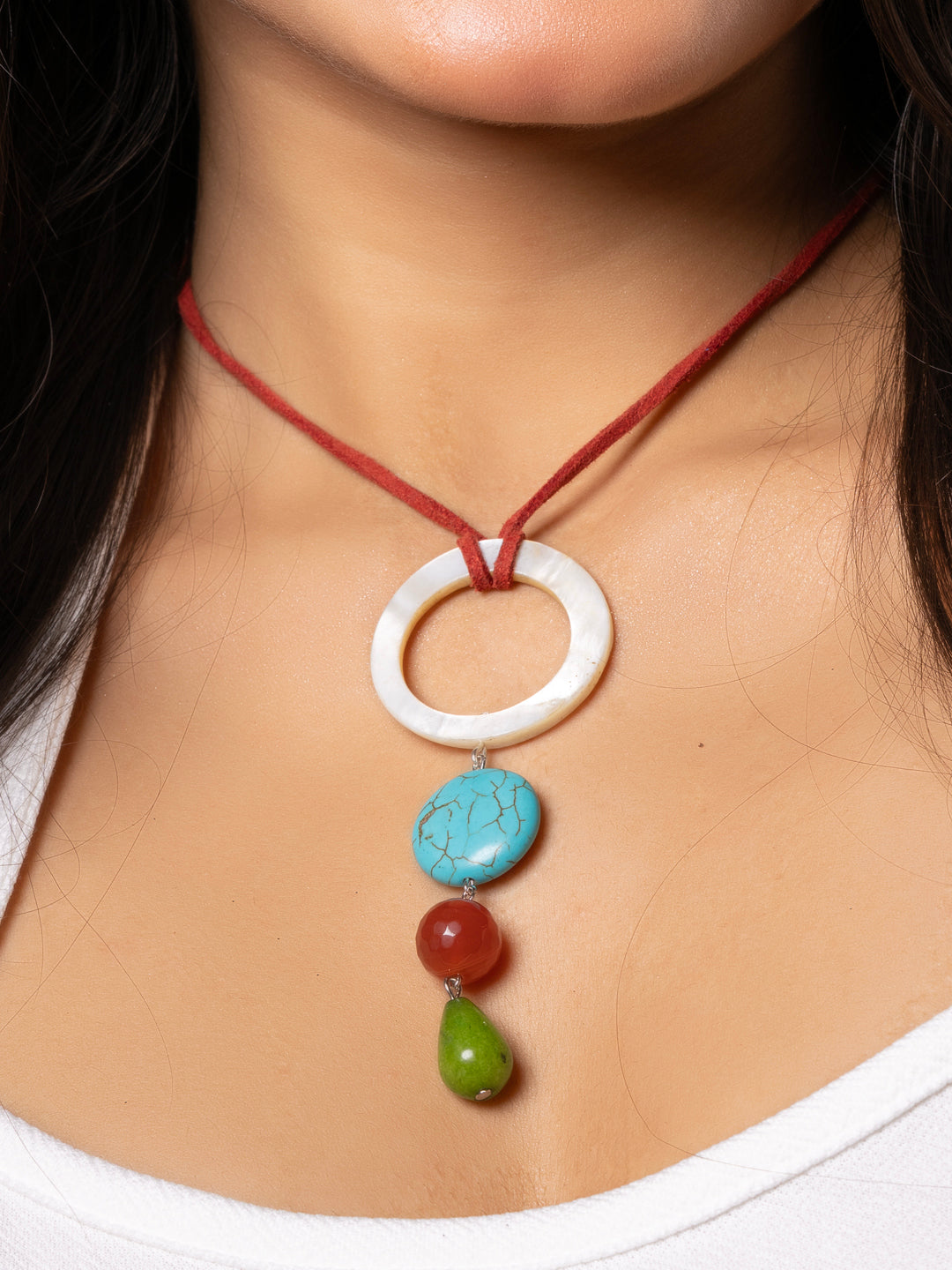 Semi Precious Brown Green Onyx Turquoise MOP Sleek Necklace with adjustable Suede Cord LOOK AND ADORN - designed for you