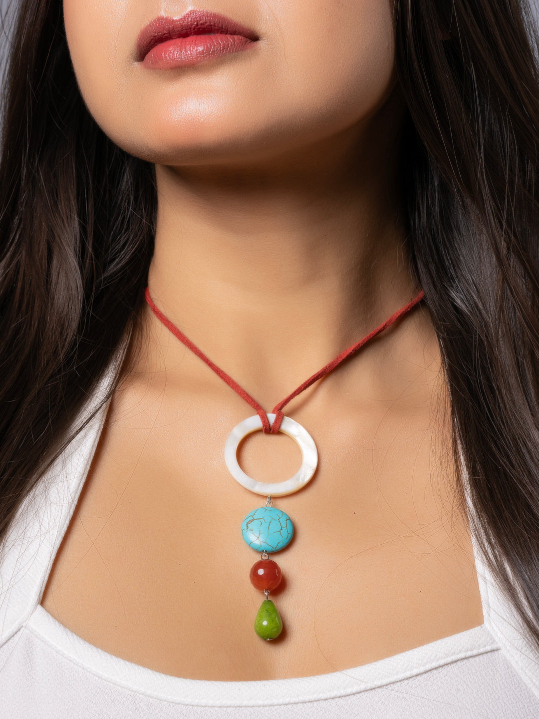 Semi Precious Brown Green Onyx Turquoise MOP Sleek Necklace with adjustable Suede Cord LOOK AND ADORN - designed for you
