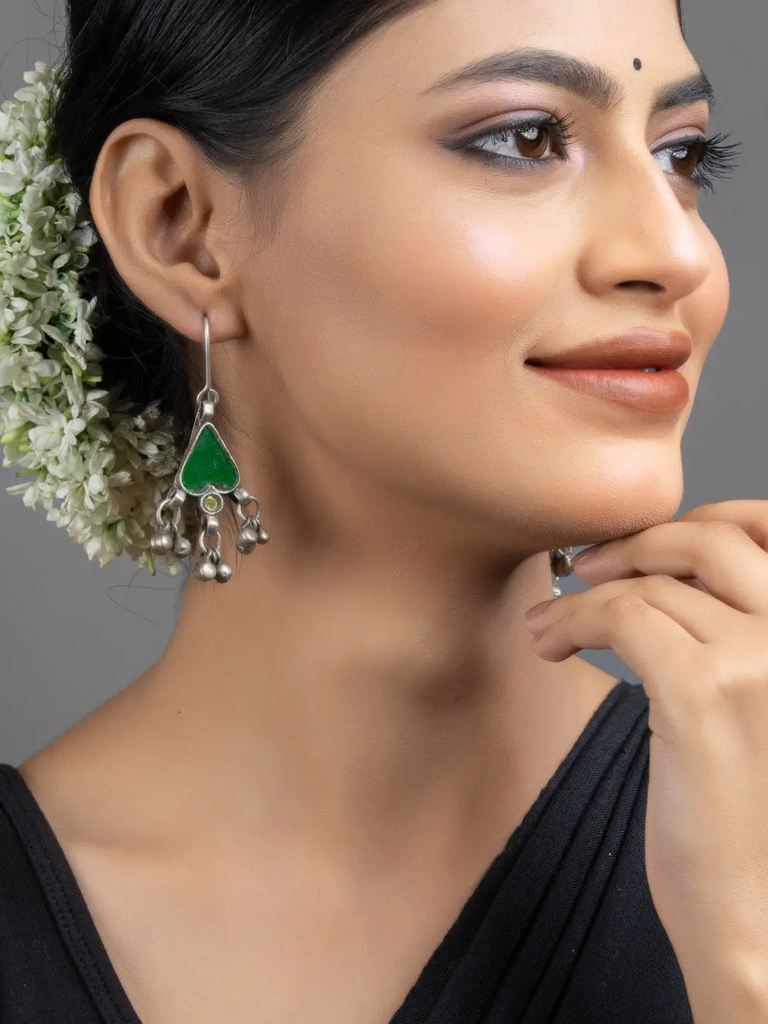 Green Afghan Glass Heart Ghungroo Dangler Earrings - Lookandadorn.com