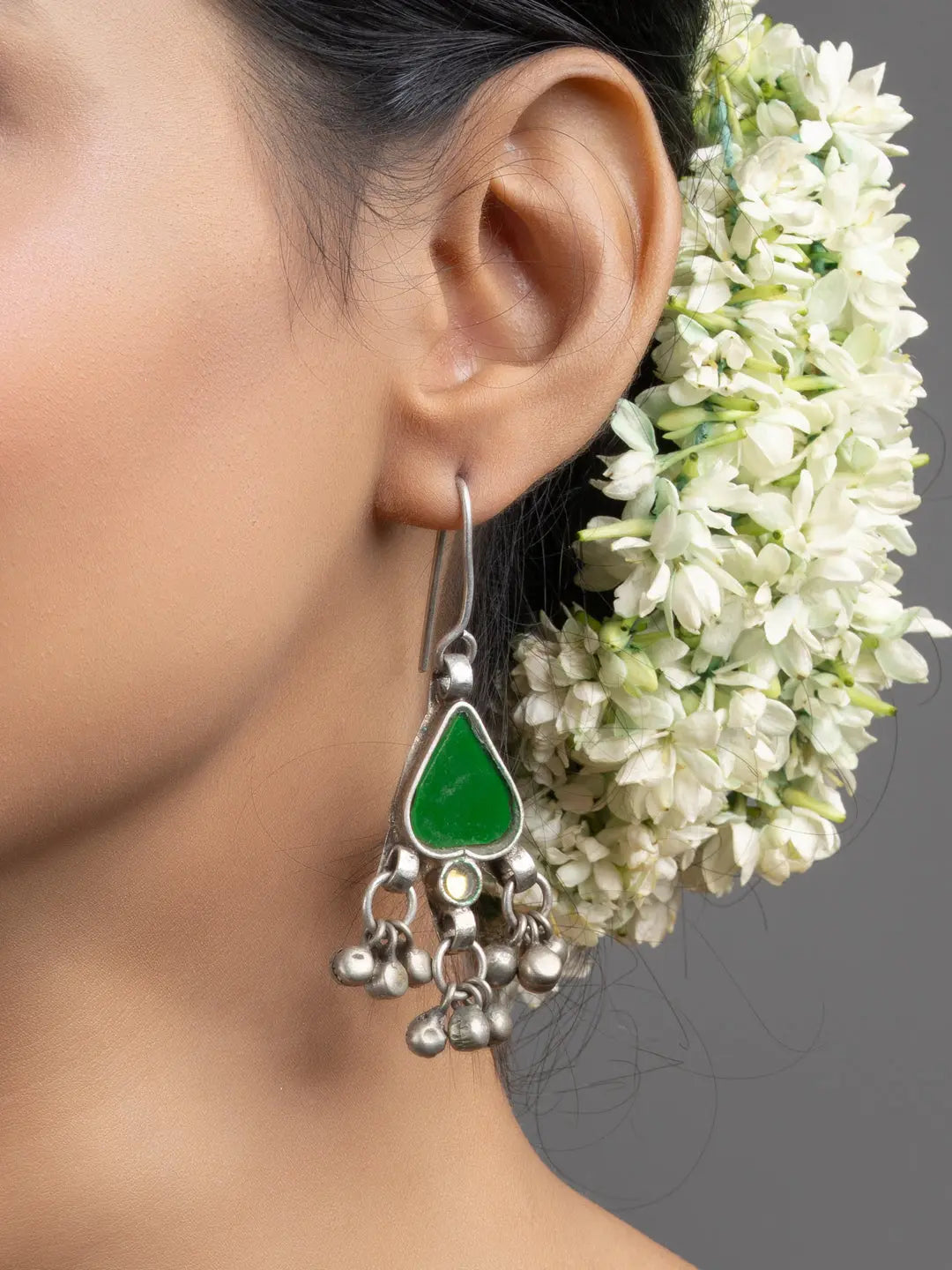 Green Afghan Glass Heart Ghungroo Dangler Earrings - Lookandadorn.com