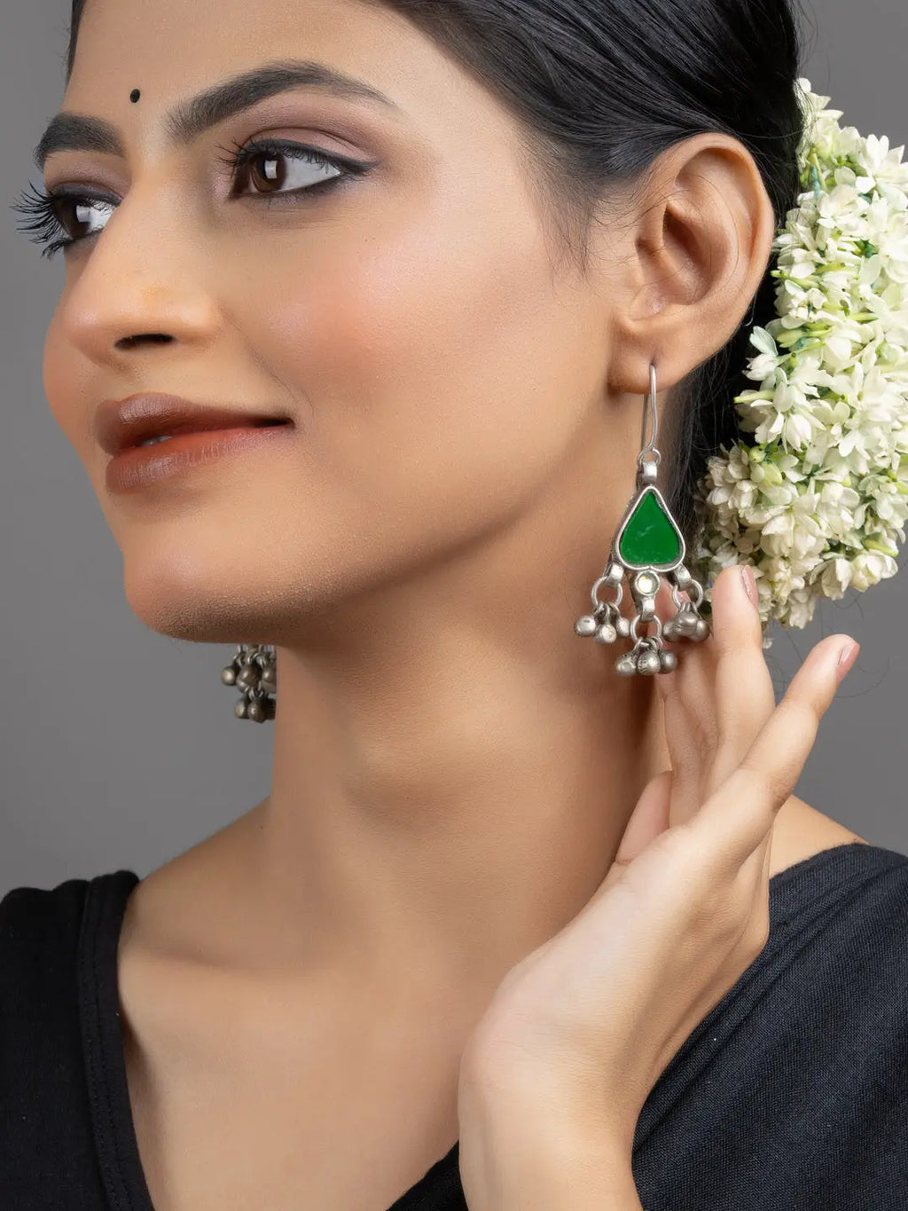 Green Afghan Glass Heart Ghungroo Dangler Earrings - Lookandadorn.com