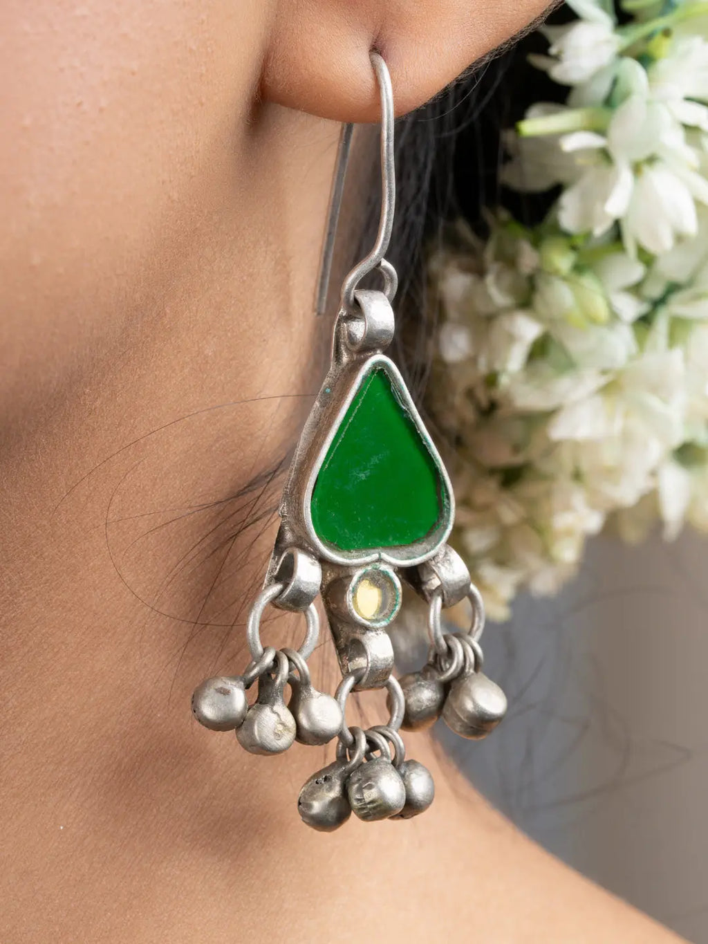 Green Afghan Glass Heart Ghungroo Dangler Earrings - Lookandadorn.com