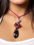 Semi Precious Pink Black Onyx Agate Red Sleek Necklace with adjustable Suede Cord LOOK AND ADORN - designed for you
