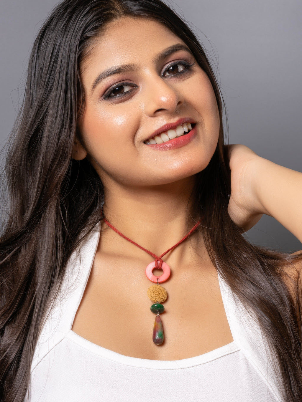 Semi Precious Red Green Yellow Onyx MOP Lava Sleek Necklace with adjustable Suede Cord LOOK AND ADORN - designed for you