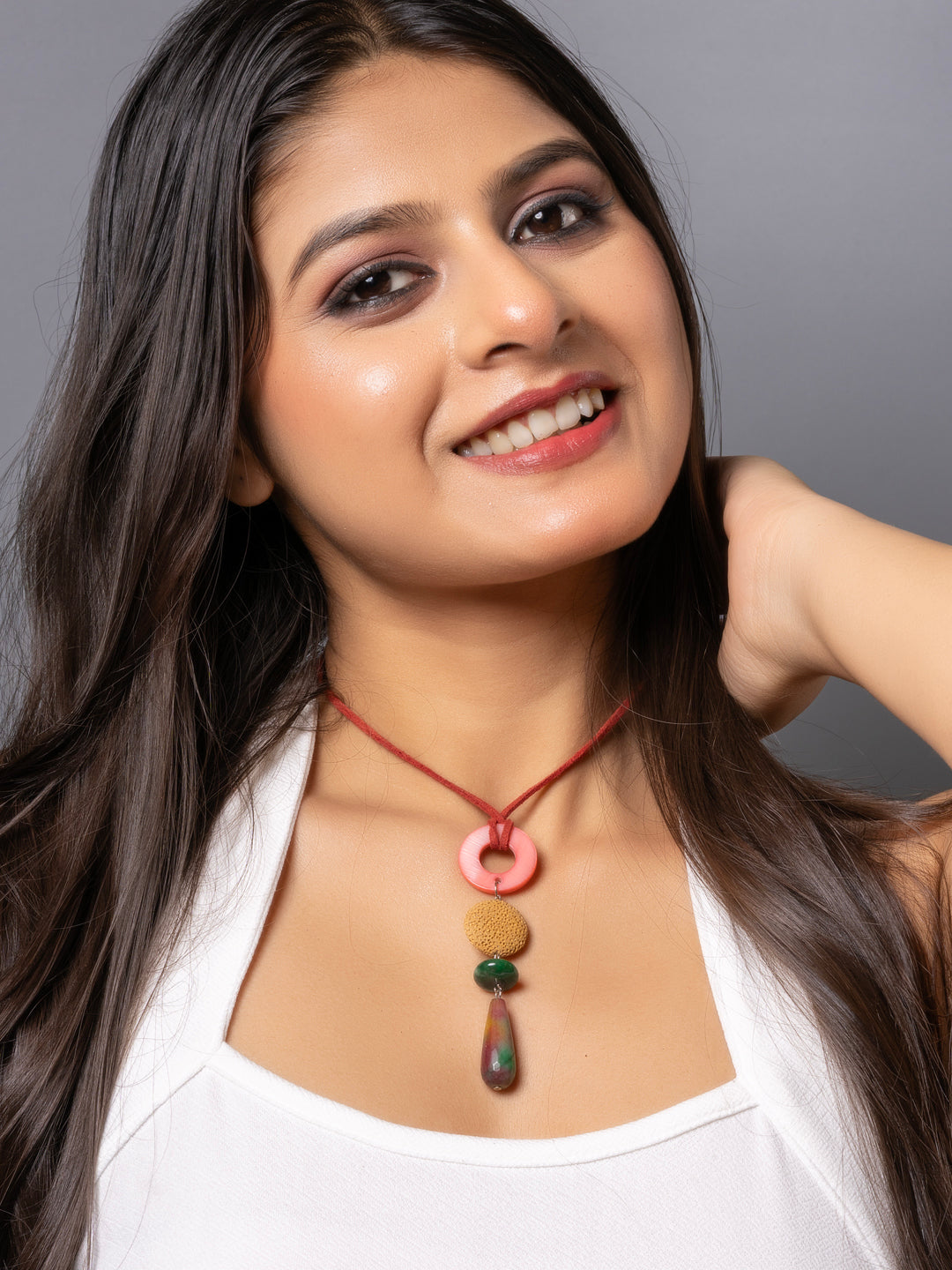 Semi Precious Red Green Yellow Onyx MOP Lava Sleek Necklace with adjustable Suede Cord LOOK AND ADORN - designed for you