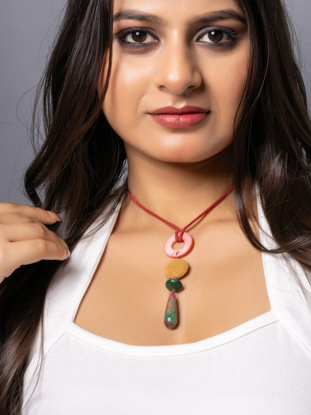 Semi Precious Red Green Yellow Onyx MOP Lava Sleek Necklace with adjustable Suede Cord LOOK AND ADORN - designed for you