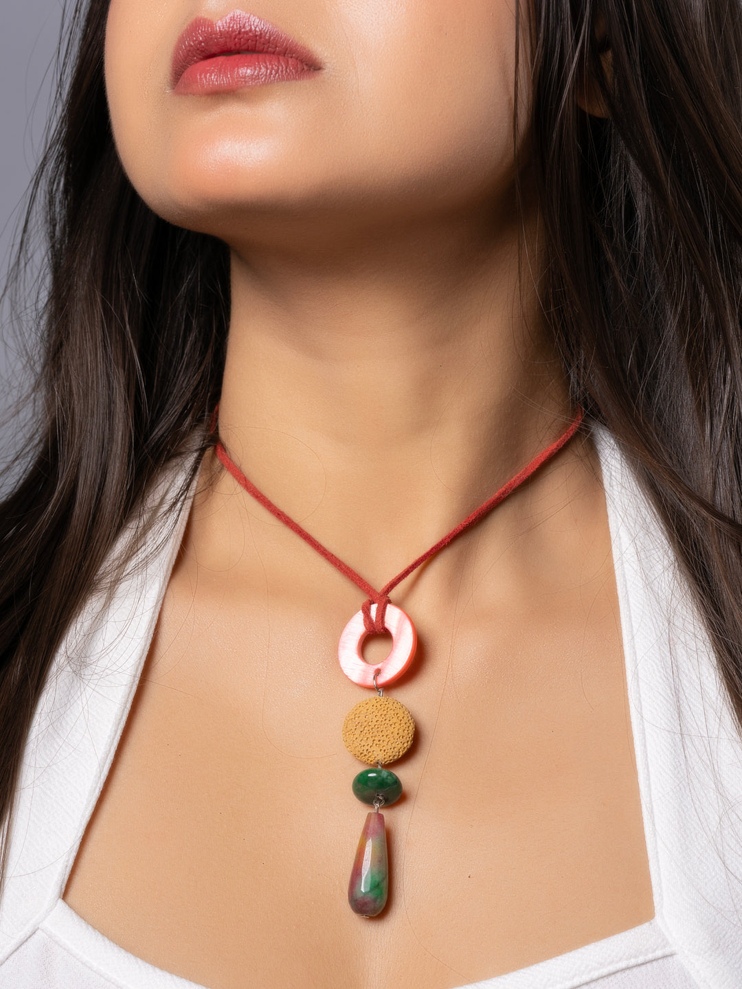 Semi Precious Red Green Yellow Onyx MOP Lava Sleek Necklace with adjustable Suede Cord LOOK AND ADORN - designed for you