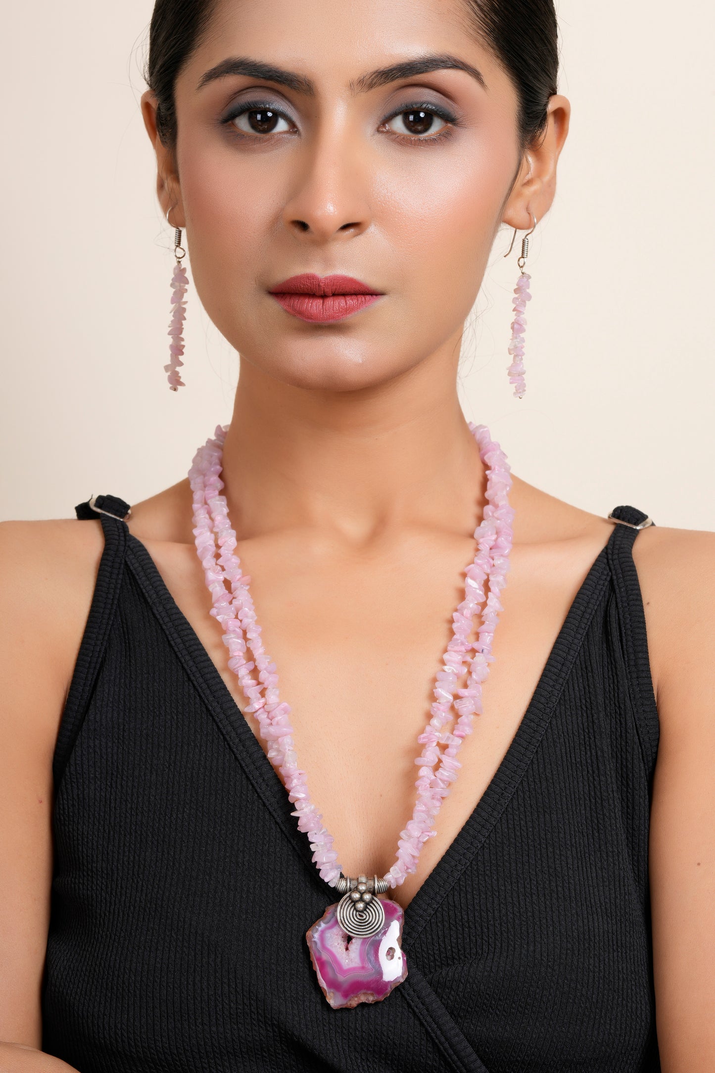 Handmade Semi Precious Pink Agate Necklace Set with Uncut Stone Chips Double Line and matching Earring