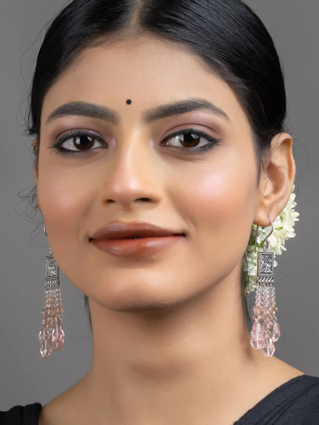 Rose Pink White Drop Crystal Dangler Earrings - Lookandadorn.com