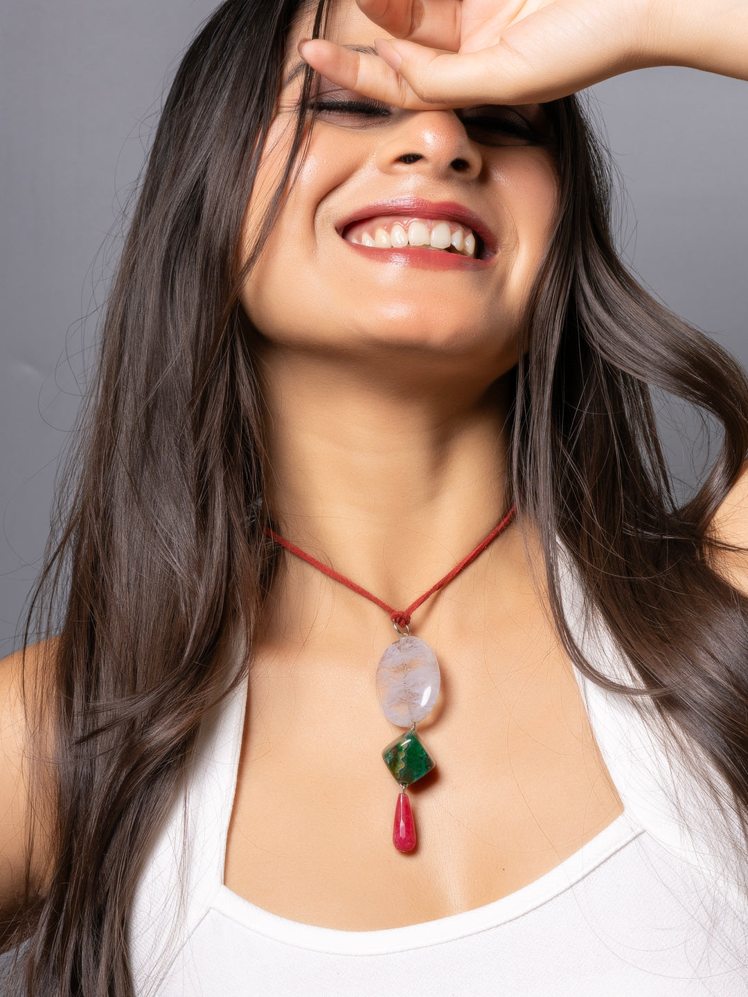 Semi Precious White Green Pink Onyx Agate Sleek Necklace with adjustable Suede Cord LOOK AND ADORN - designed for you