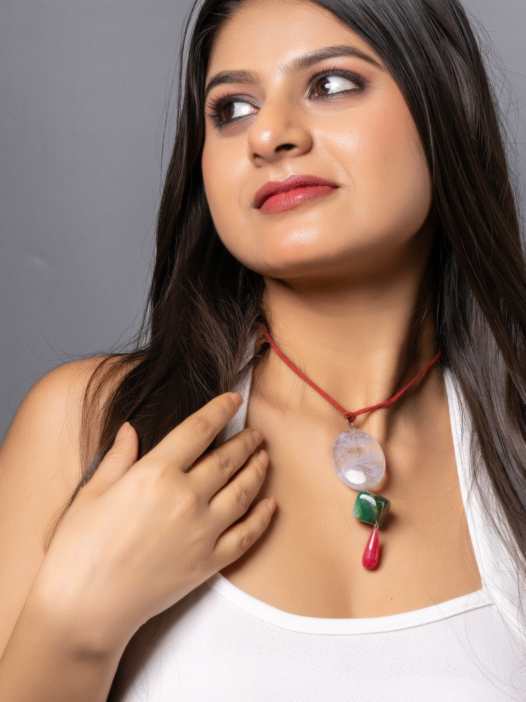 Semi Precious White Green Pink Onyx Agate Sleek Necklace with adjustable Suede Cord LOOK AND ADORN - designed for you