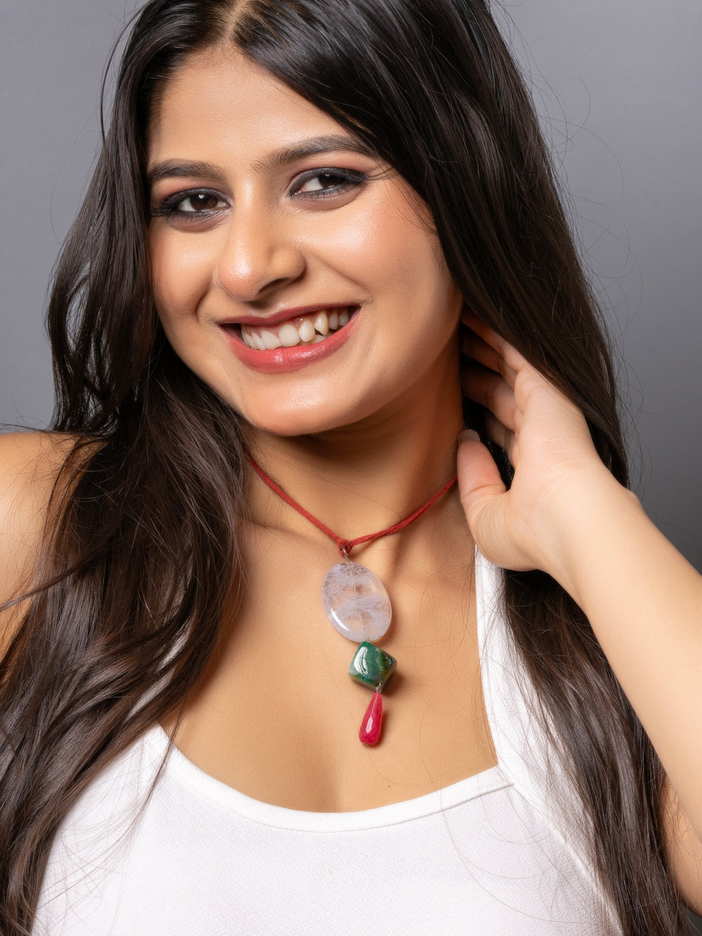 Semi Precious White Green Pink Onyx Agate Sleek Necklace with adjustable Suede Cord LOOK AND ADORN - designed for you