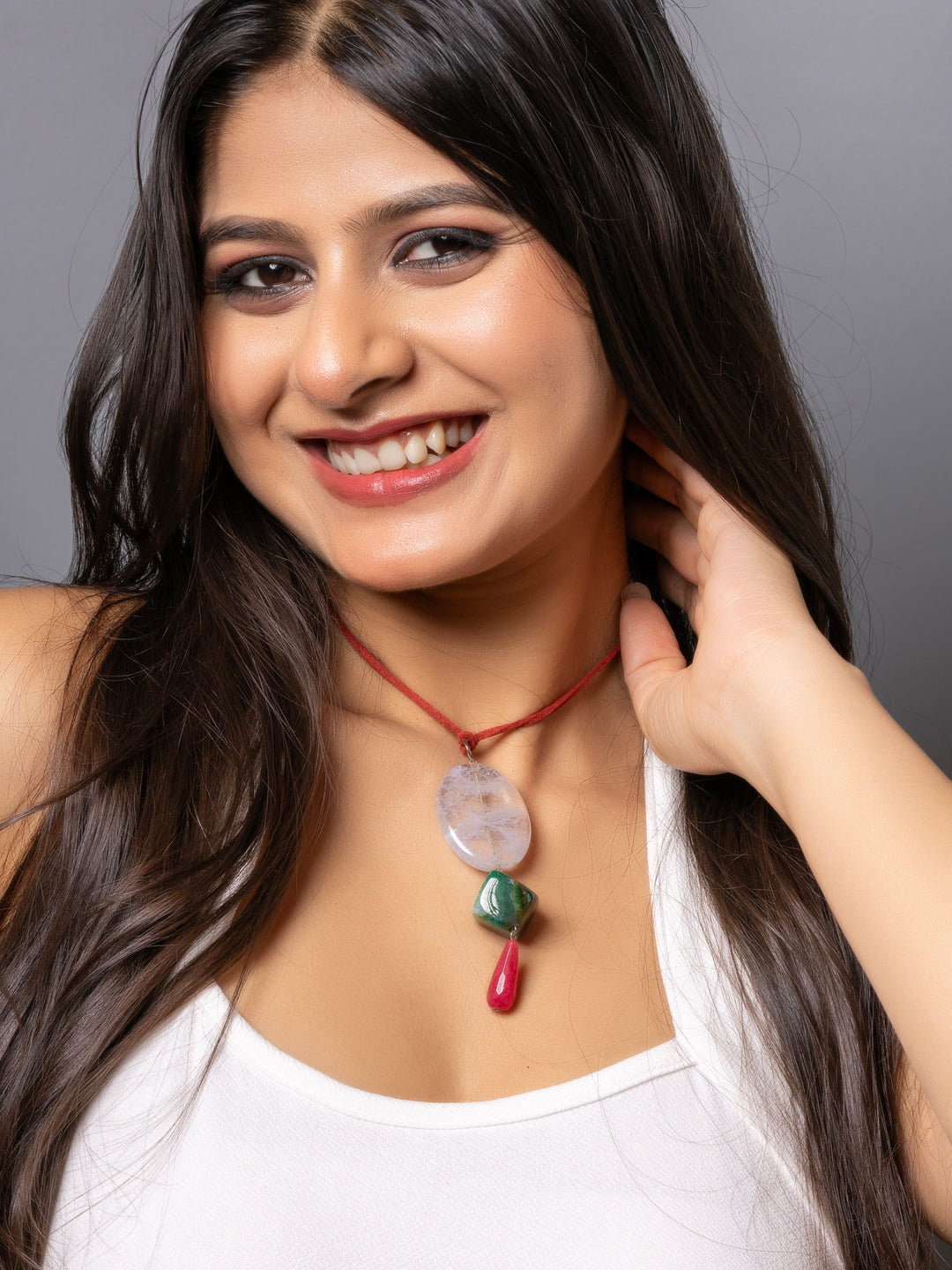 Semi Precious White Green Pink Onyx Agate Sleek Necklace with adjustable Suede Cord LOOK AND ADORN - designed for you