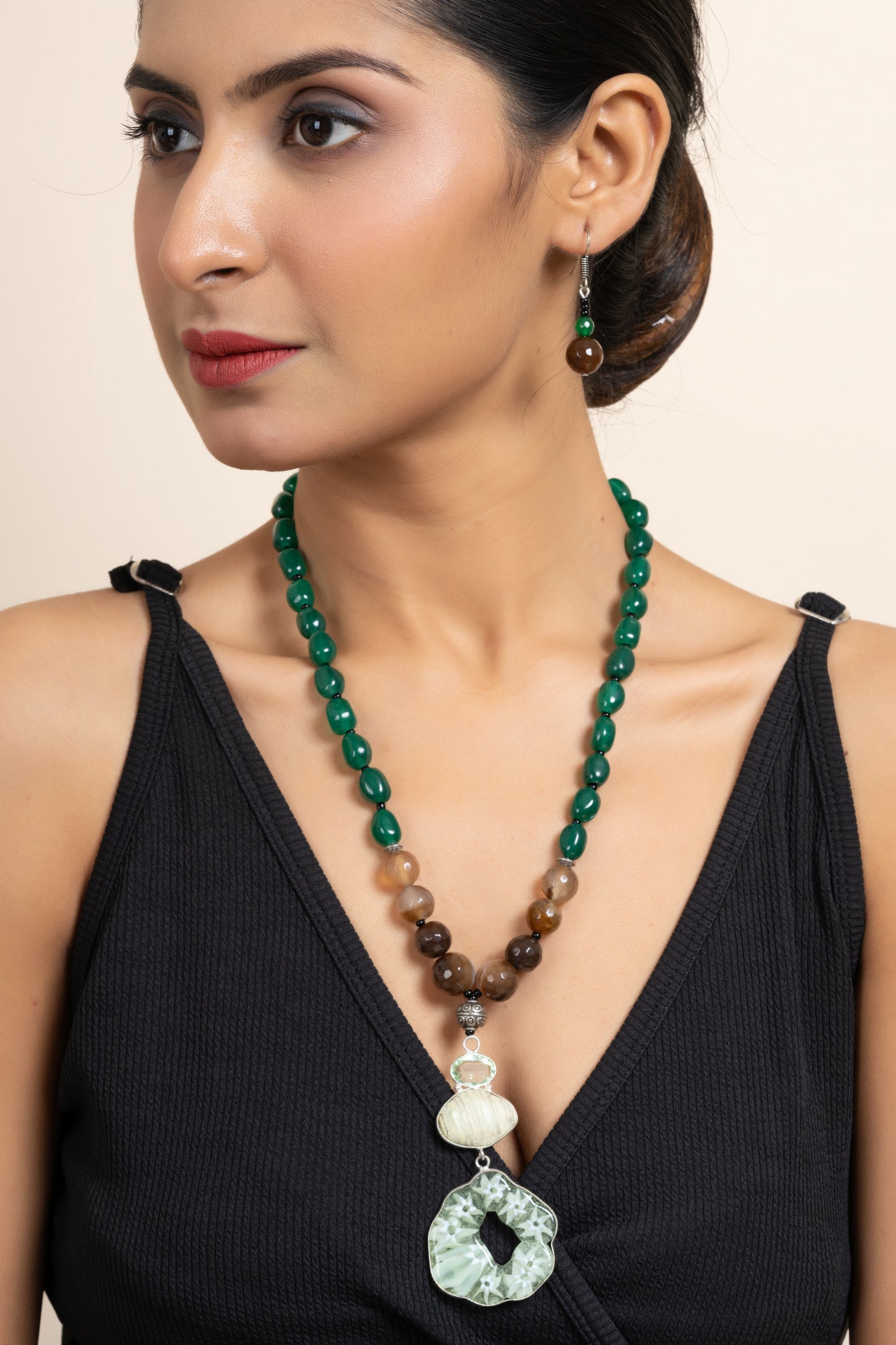 Handmade Semi Precious Agate Onyx Stone Brown Green Necklace set with Matching Earring