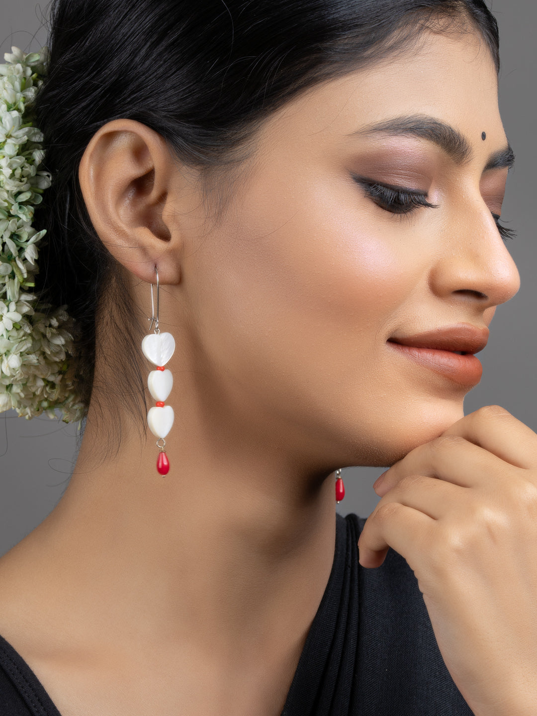 Mother of Pearl Heart Red Coral Drop Earrings - Lookandadorn.com