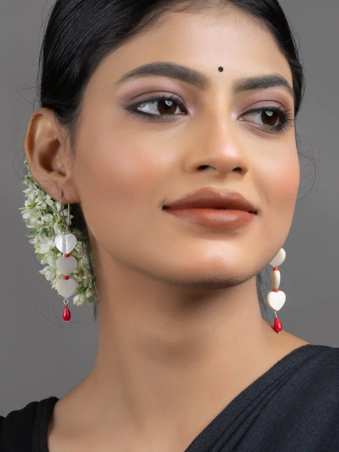 Mother of Pearl Heart Red Coral Drop Earrings - Lookandadorn.com