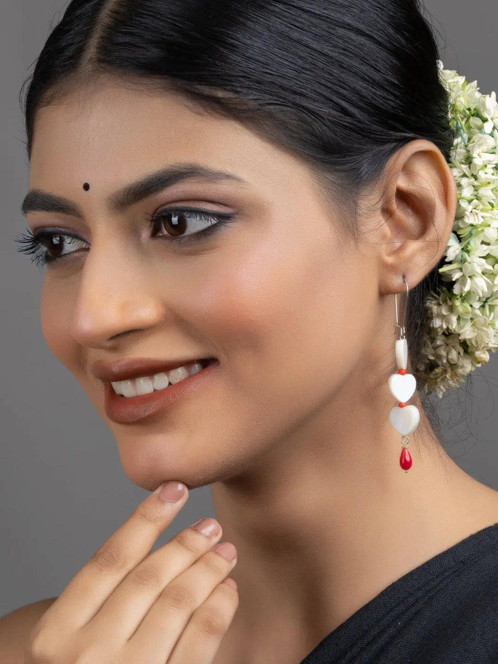 Mother of Pearl Heart Red Coral Drop Earrings - Lookandadorn.com