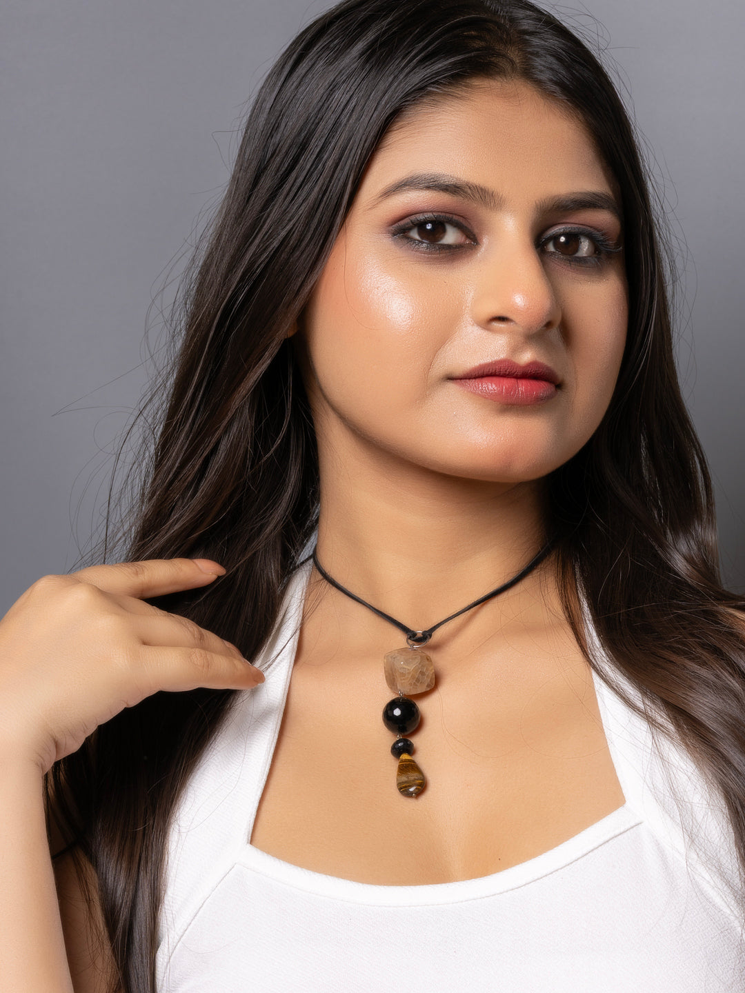 Semi Precious Black Brown Onyx Tiger Eye Sleek Necklace with adjustable Suede Cord LOOK AND ADORN - designed for you