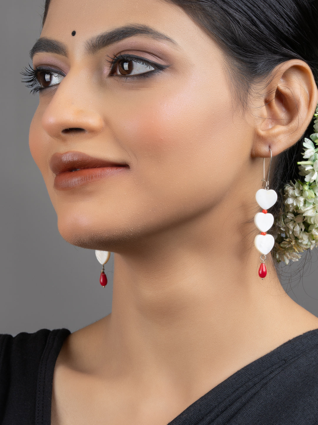 Mother of Pearl Heart Red Coral Drop Earrings - Lookandadorn.com